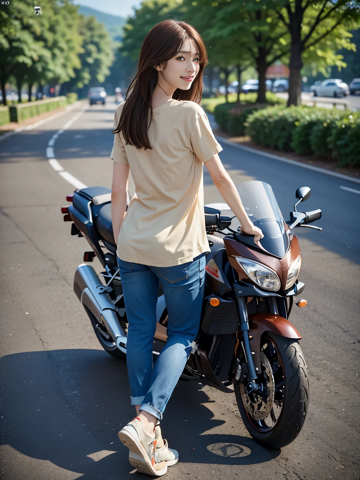 ((highest quality)), ((masterpiece)), ((perfect face))、(Detailed motorcycle)、8K、Realistic and clear photos、((riding a motorcycle))、slender body、smile、chestnut hair、((Brown T-shirt, jeans and sneakers))、((full body shot))、(((back view)))