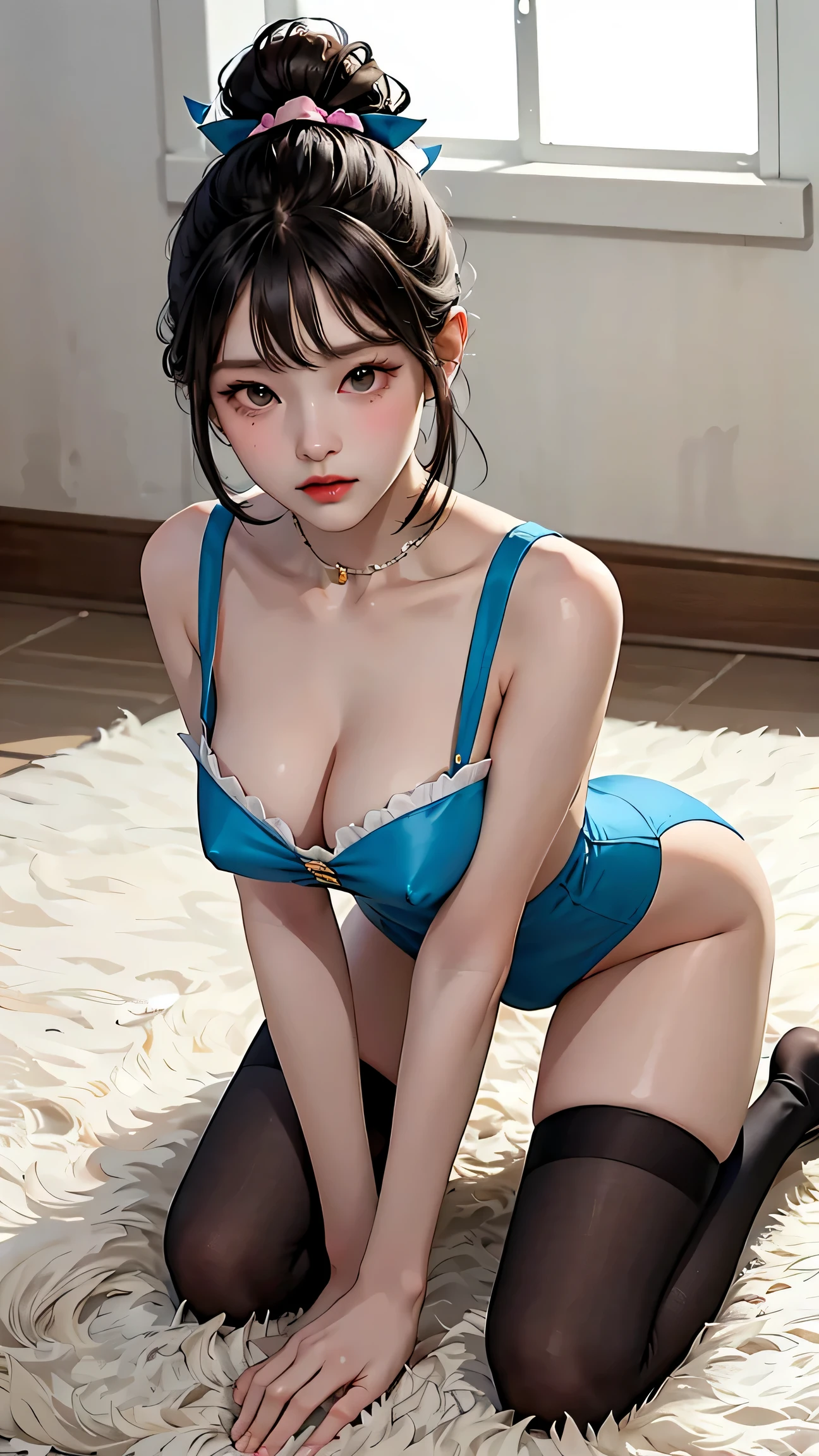 black long hair , Wearing Korean , kneel down, feet and five fingers, Background backlit masterpiece, highest quality, 1 girl，thin waist，bangs, Ribbon Ponytail, brown hair, (blush:1),That costume only opens wide at the chest.....， beautiful big breasts, (erect nipples:1),Thighhighs