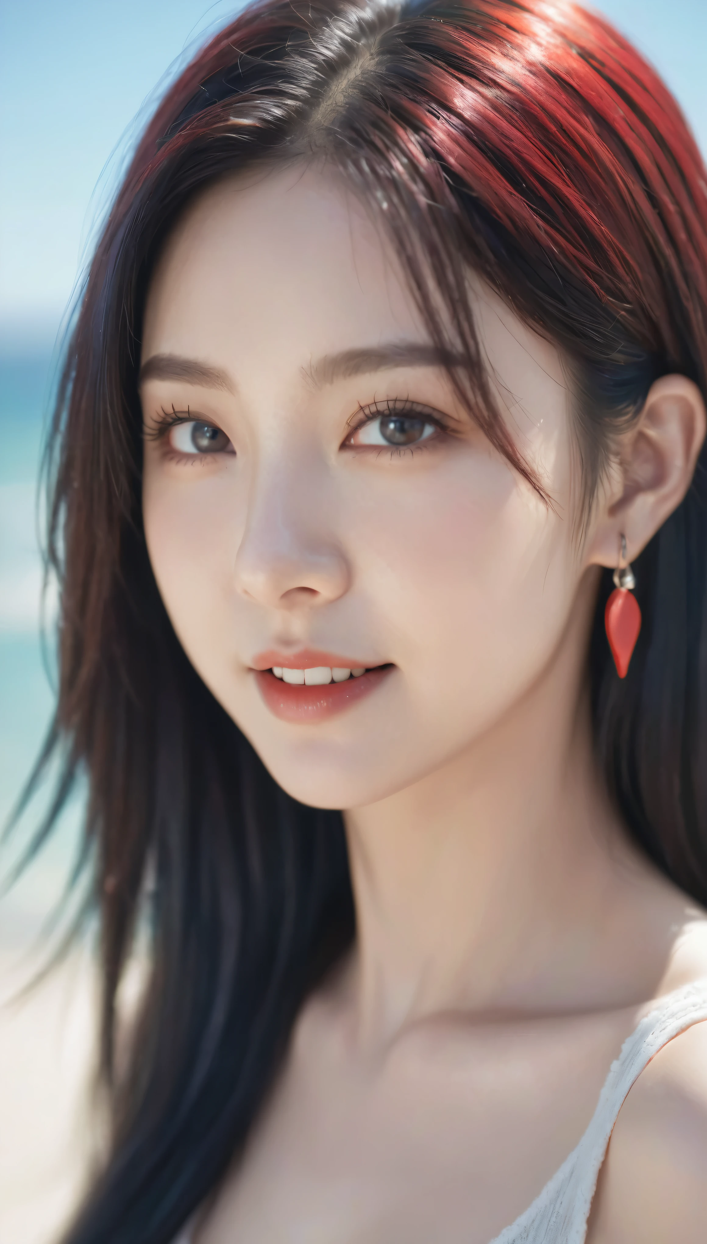 black hair, long eyelashes, light smile, tusk, striated hair, multicolored hair, colored inner hair, red hair, hair clip, mole under eyes, incompatible pupils, empty eyes, empty eyes, dilated pupils, heart-shaped pupils, smiling, shadow, anaglyph, depth of field, motion blur, brightness, color field painting, anime style, 8k, super detail, best quality, UHD, 8k