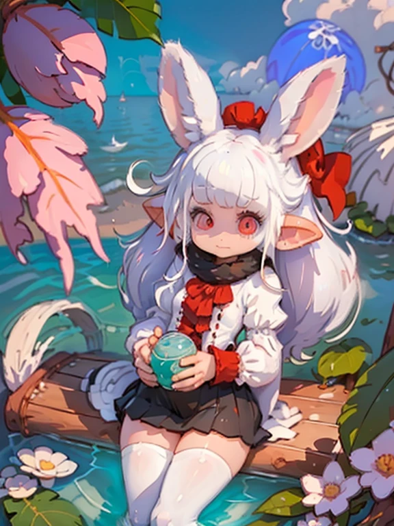 (3D,3D Art)#1 girl(3D Art:2.0,Chibi,cute,kawaii,,white hair:1.6,long hair:1.6,hair is pony tail,white rabbit ear,white dress,red eyes,big eyes,skin color white,big hairbow,beachball,cute swim wear:1.4,short skirt),#background(outdoor,at beautiful seaside:1.4),(3D Art),(from above:1.4),((((white hair,white rabbit ear)))),(draw correct human hand)