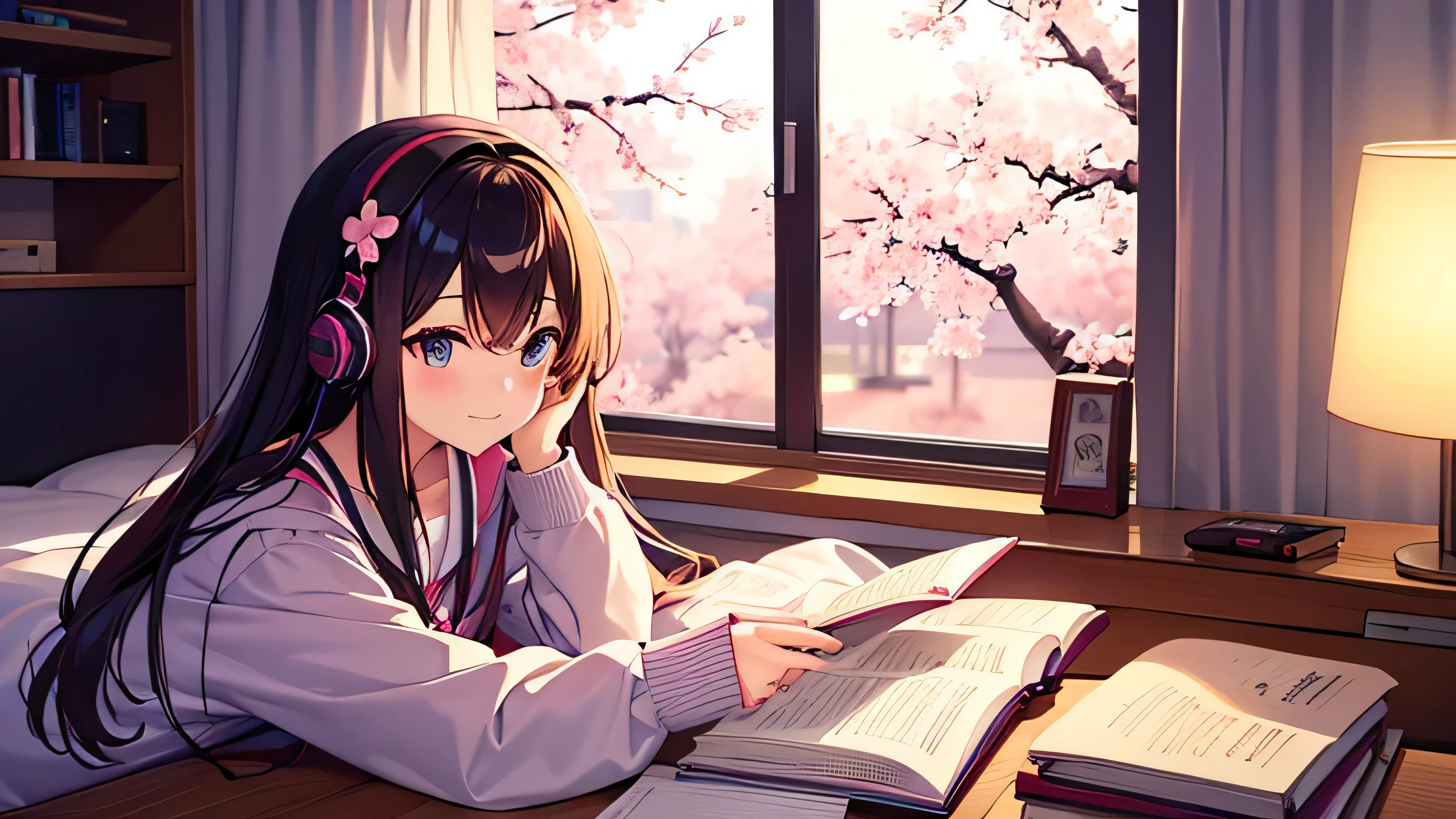 Beautiful girl studying in her room while listening to music with headphones、warm lighting、Cherry blossoms are blooming outside the room、Japanese anime style