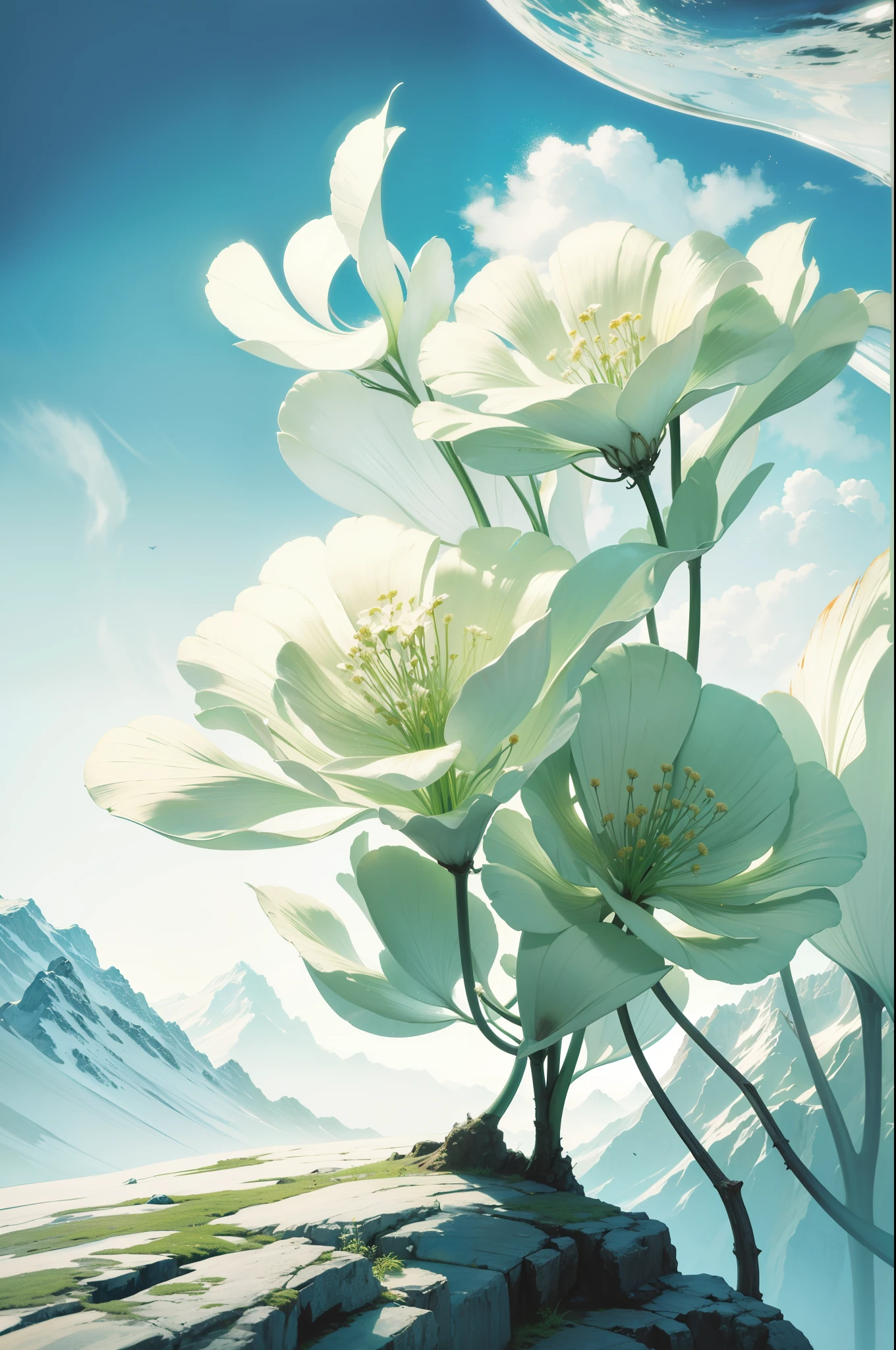 Green and white main colors，minimalist，Graphical，Oriental Wonders，Lots of white space，grace，wonderland，dream，Ultra-clear brushstrokes，lakeside，foggy，Separation of heaven and earth，The sky is red，The ground is white and gray，Super grand view，Super scene，flat illustration，poster，