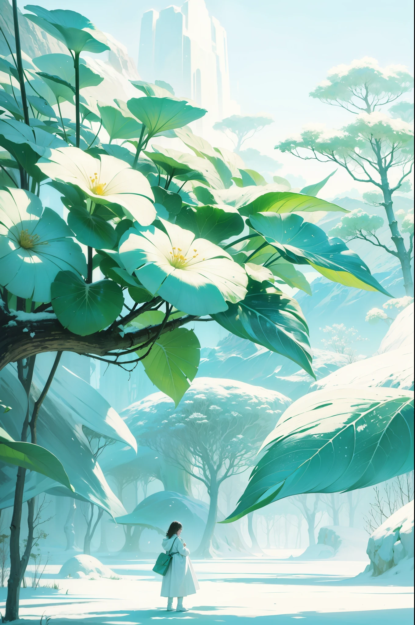 Green and white main colors,minimalist,Graphical,Oriental Wonders,Lots of white space,grace,wonderland,dream,Ultra-clear brushstrokes,lakeside,foggy,Separation of heaven and earth,The sky is red,The ground is white and gray,Super grand view,Super scene,flat illustration,poster,