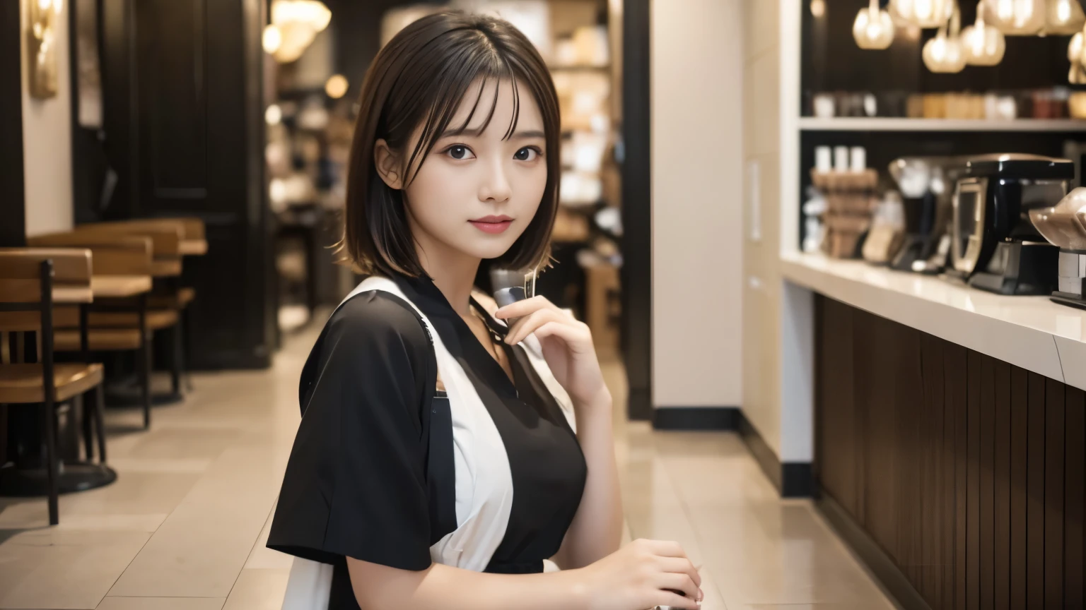 (((Cafe:1.3, Inside the store, Photographed from the front))), ((beauty salon model:1.3,Black and white bicolor dress, japanese woman, cute)), (clean, natural makeup), (highest quality, masterpiece:1.3, 超High resolution), (Super detailed, caustics), (realistic:1.4, RAW shooting), very detailed, High resolution, 16K resolution,neat clothes,CafeInside the storeで撮影