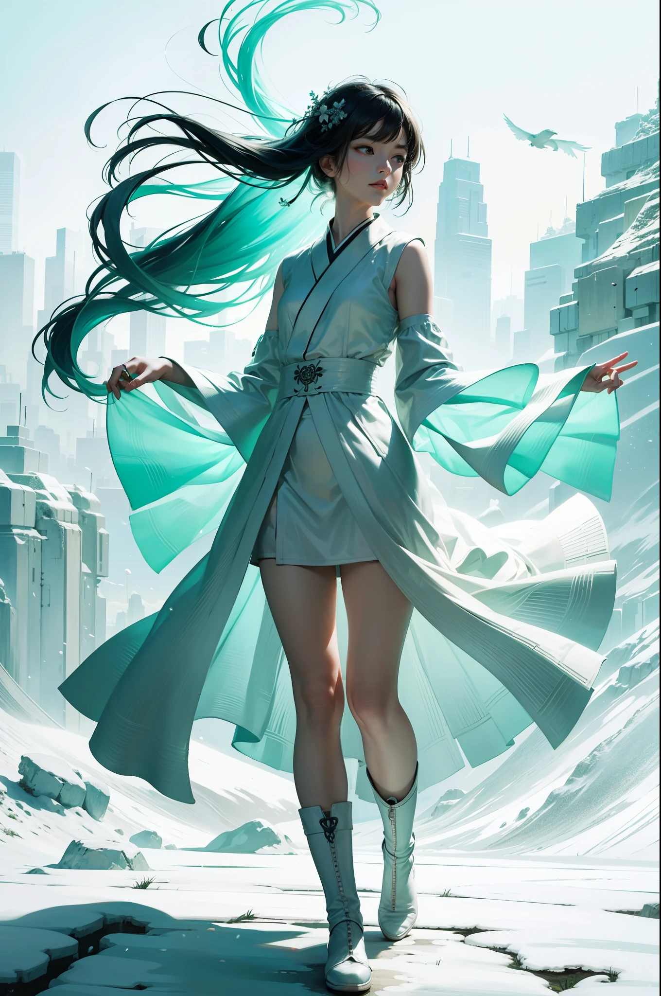 Green and white main colors,minimalist,Graphical,Oriental Wonders,Lots of white space,grace,wonderland,dream,Ultra-clear brushstrokes,lakeside,foggy,Separation of heaven and earth,The sky is red,The ground is white and gray,Super grand view,Super scene,flat illustration,poster,