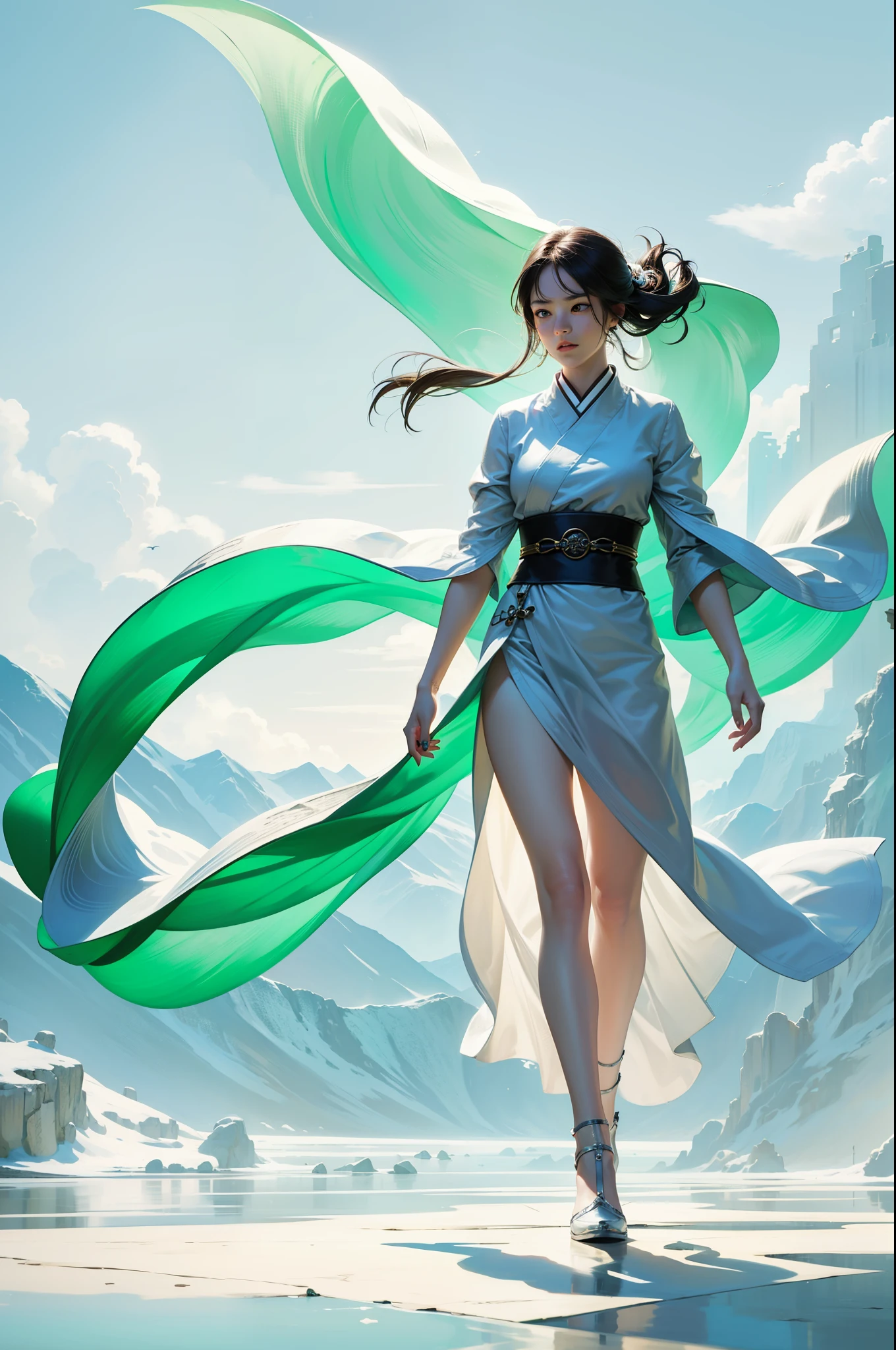 Green and white main colors,minimalist,Graphical,Oriental Wonders,Lots of white space,grace,wonderland,dream,Ultra-clear brushstrokes,lakeside,foggy,Separation of heaven and earth,The sky is red,The ground is white and gray,Super grand view,Super scene,flat illustration,poster,