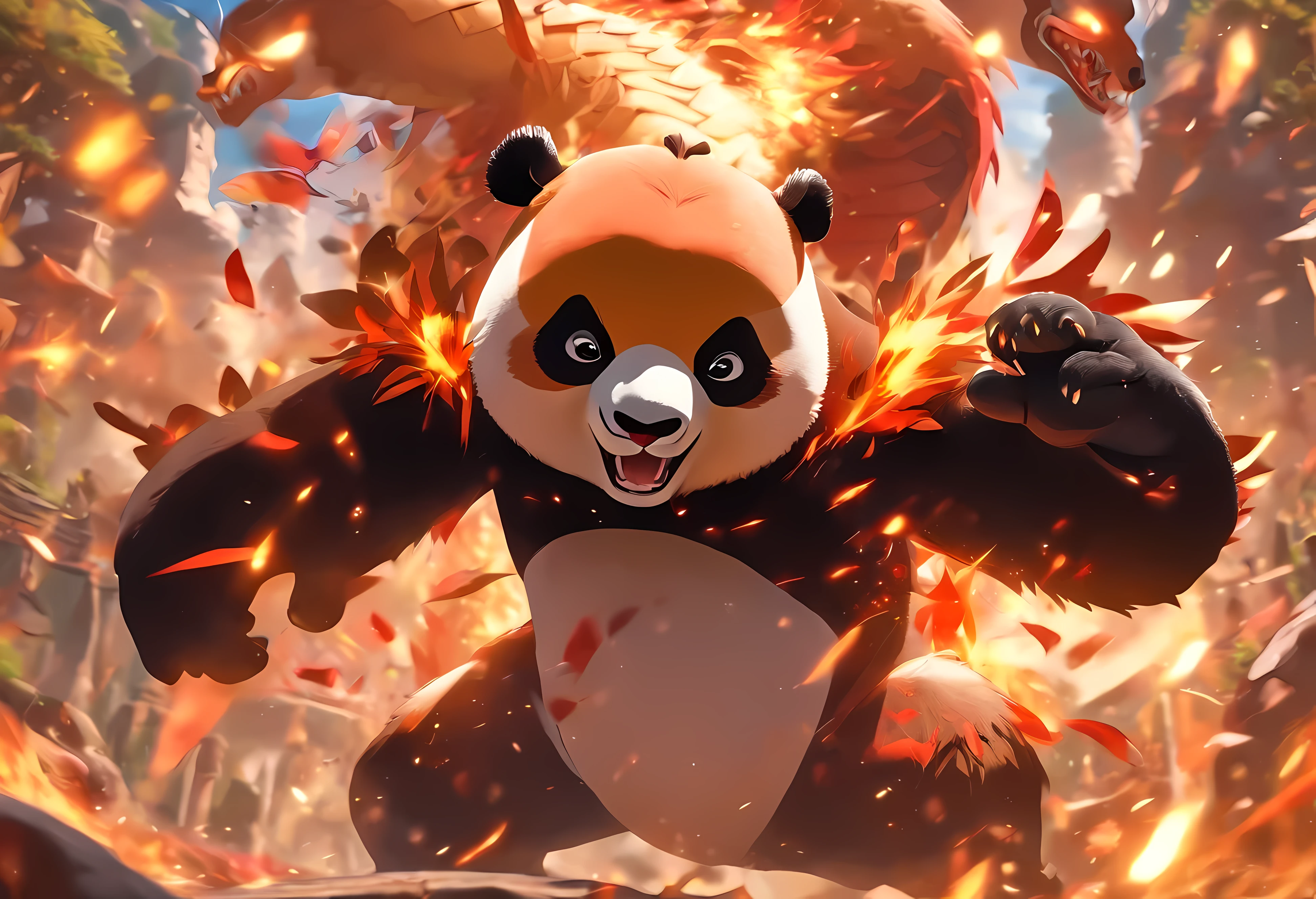 ３Whole body panda fights dragon，Has big eyes，Blushlush，lazy，greet, 。.。.。.3D, 4K