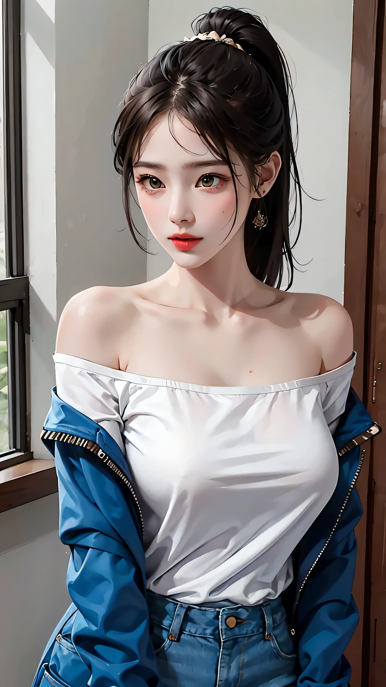 masterpiece, highest quality, 1 girl, naked shirt, shirt tug, shirt, off shoulder, ponytail, Sweaty armpits, Large loose jacket,big breasts