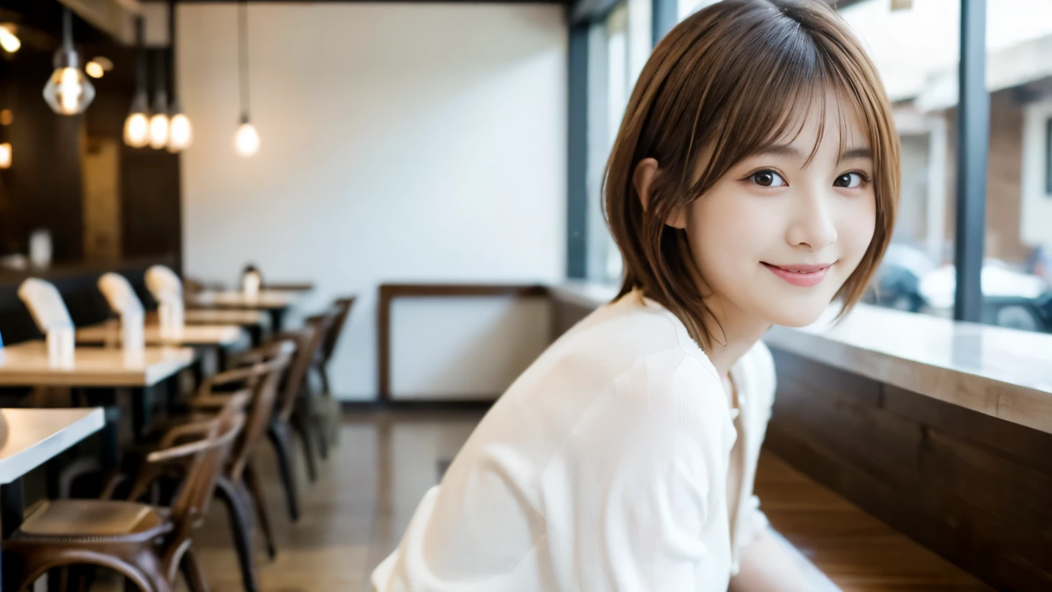 young japanese woman, 30 generations, white background, Background of a stylish cafe interior, white brown hair, thin, 4k, 8K, high quality, beauty, smile, beautiful eyes, It is characterized by its simplicity, High resolution,1 person,Clean clothes