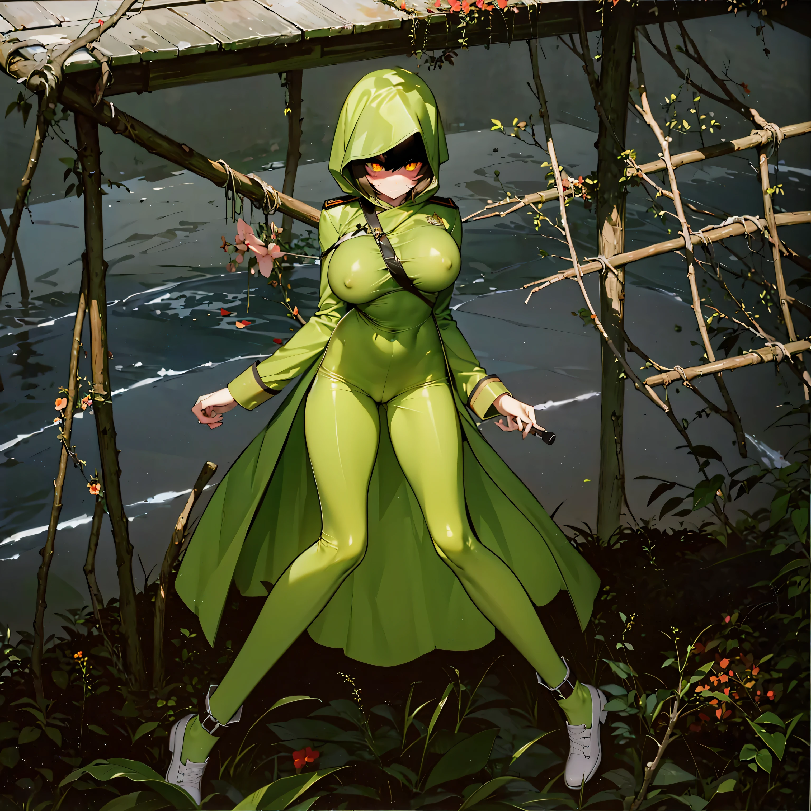 (solo cute girl standing in trench:1.3), (light brown hair:1.2) , (very long legs), (skinny long legs), (very short torso), BREAK, (open legs:1.2), tiptoe, pigeon toed, BREAK, (bouncing unaligned large breasts:1.2), perky breasts, thin waist, BREAK, (dark brown military uniform:1.4), (hood covers face), trousers, military boots, BREAK, nose blush, looking at viewer, BREAK, (glowing golden eyes:1.6), BREAK, (wire entanglement fence in background), BREAK, (masterpiece, best quality, ultra-detailed:1.5), (nsfw:0.8), coverd erectile nipples, cameltoe, (belt sash squeezing unaligned breasts)