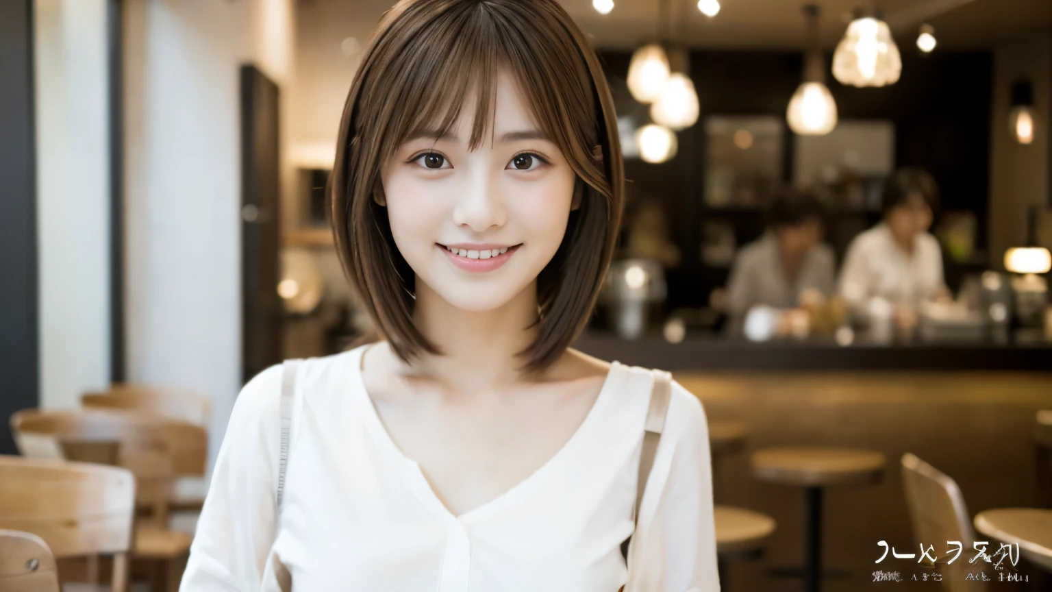 young japanese woman, 30 generations, white background, Background of a stylish cafe interior, white brown hair, thin, 4k, 8K, high quality, beauty, smile, beautiful eyes, It is characterized by its simplicity, High resolution,1 person,Clean clothes