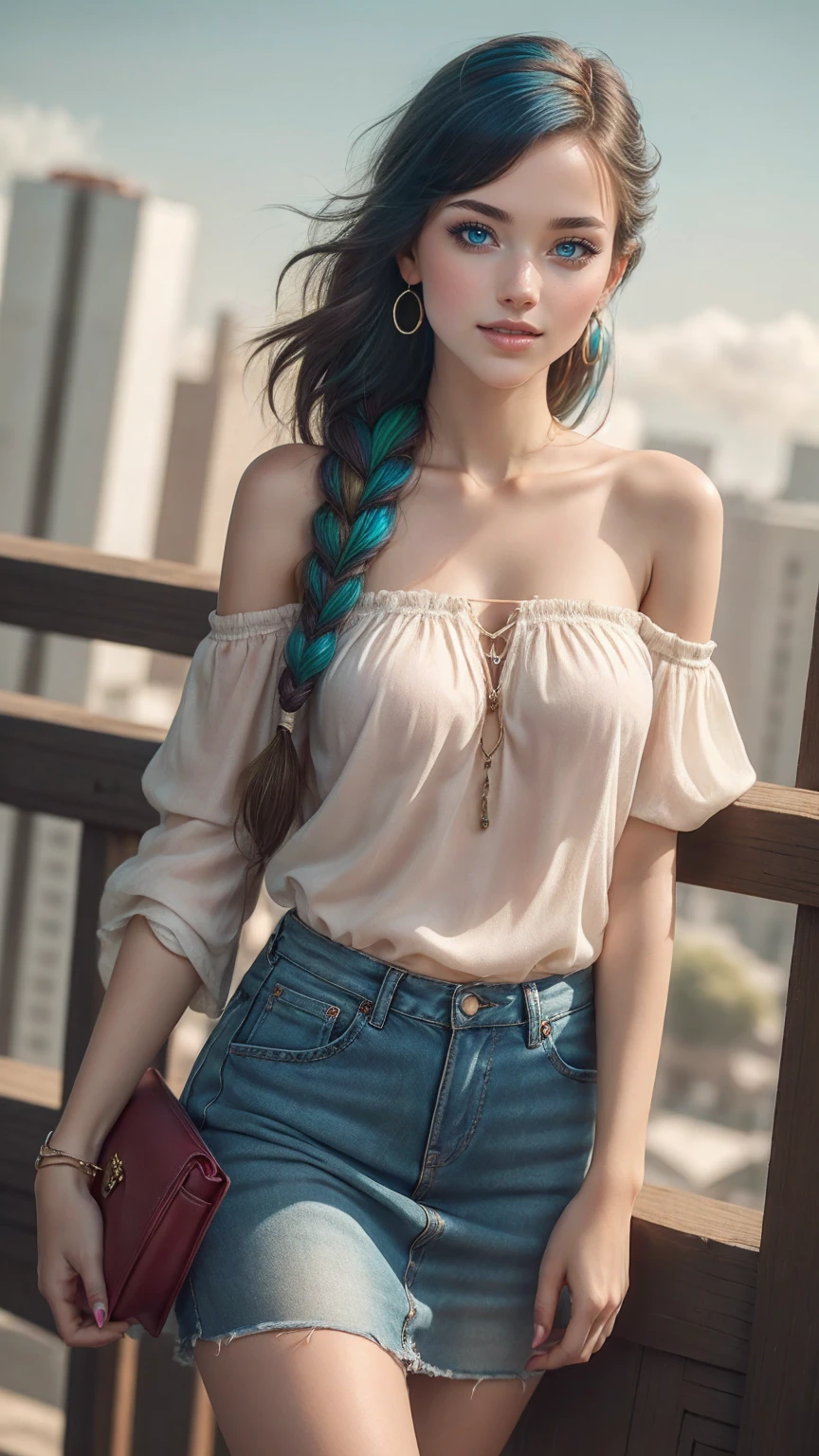 最high quality, 8K, masterpiece: 1.3, Ultra HD, high quality, 最high quality, High resolution, realism)) 、25 year old white woman、brunette、blue eyes、long hair、smile、slender、slenderだがアスリートのような細マッチョ、I don't want my head to disappear from the screen.、Wear accessories on your wrist、Wearing red nail polish、I have a peticure、aerial perspective((atmospheric perspective))、smile((smiley))、background blur((depth of field)、Wear a sheer, off-the-shoulder bodycon top、wear sandals、have a clutch bag、Skyscraper background、Waiting for a traffic light at an intersection、crystal earrings((crystal earrings))、inner color((colored inner hair))、long hair ((long hair))、dark blonde、Bangs at the parting((parted bangs))、French style braid((french braid))