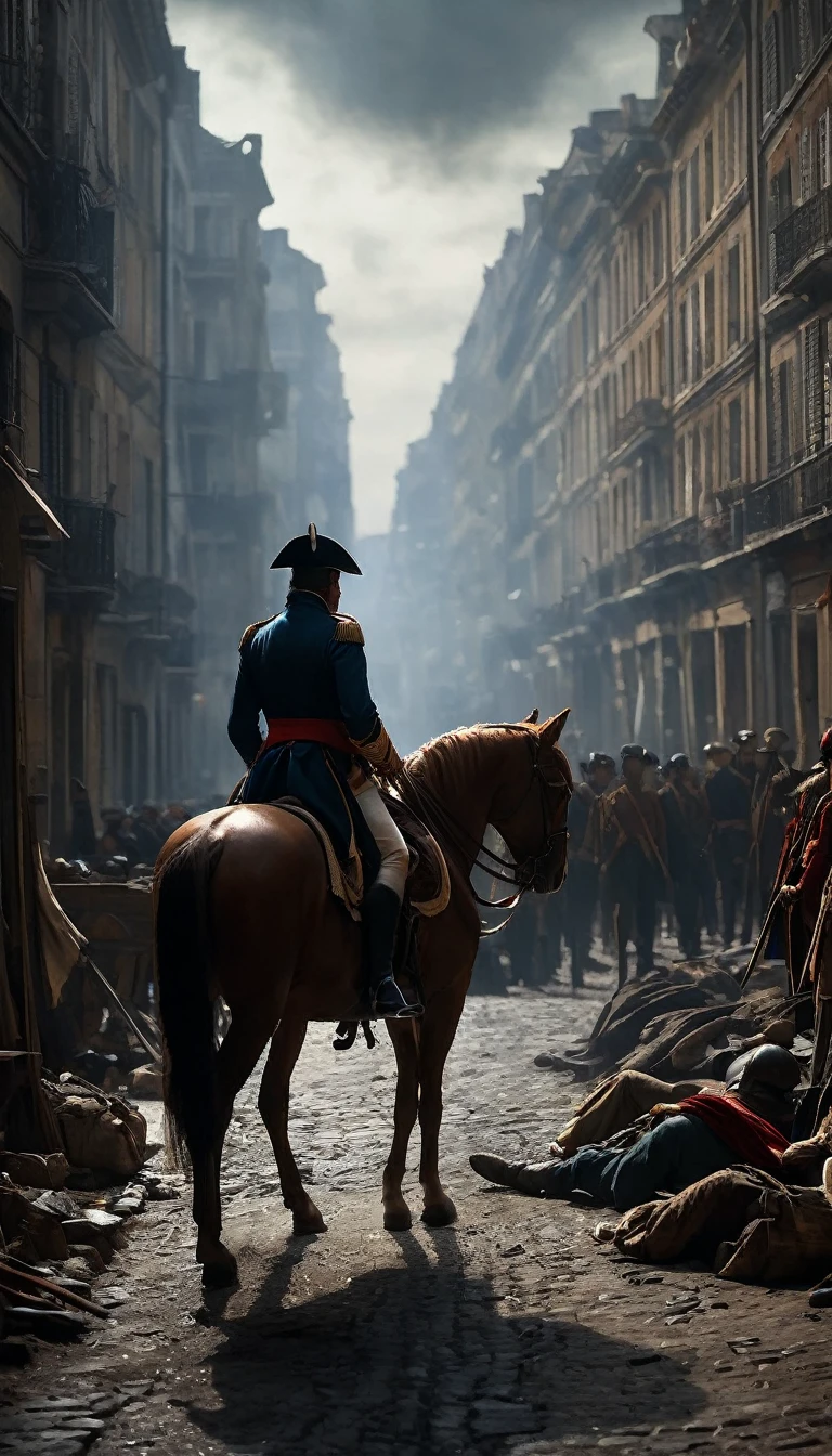 Show Napoleon and his troops entering the city, met with eerie silence and destruction.
Depict Napoleon's frustration and confusion as he surveys the desolate landscape, expecting a peace offer that never comes.
Use stark contrasts between light and shadow to emphasize the emptiness and destruction of the once-great city, background dark, hyper realistic, ultra detailed hyper realistic, photorealistic, Studio Lighting, reflections, dynamic pose, Cinematic, Color Grading, Photography, Shot on 50mm lens, Ultra-Wide Angle, Depth of Field, hyper-detailed, beautifully color, 8k