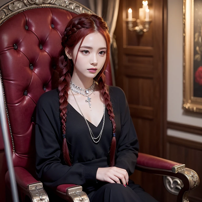 woman with red hair, braided into plaits, sits on a throne made of rods, dark-red roses, dressed in black, with a red diamond-shaped crystal on a silver chain around her neck, holding a skull in her hands.