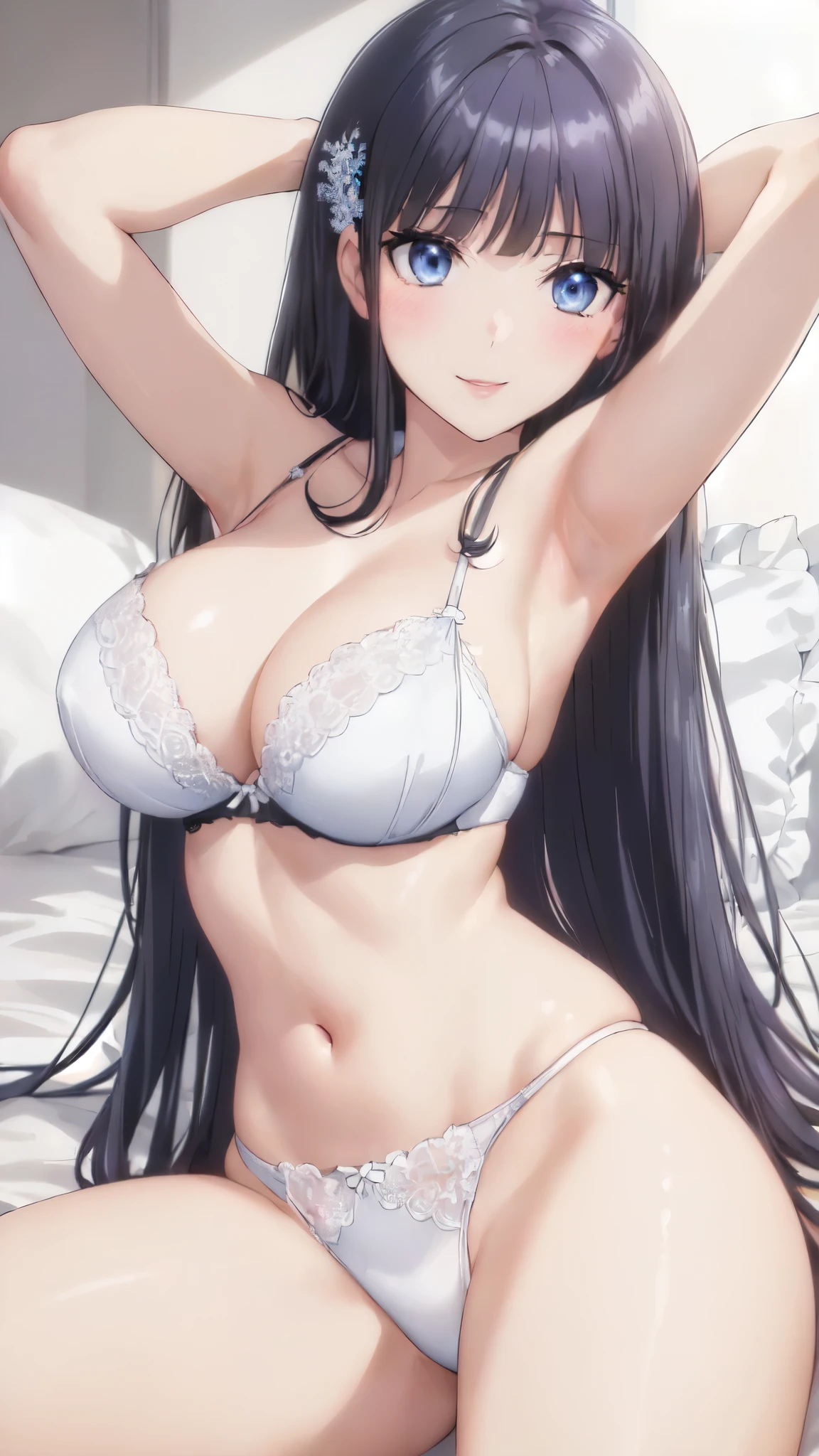 (masterpiece:1.5),(perfect anatomy:1.4),anime character,(bright room:1.1),(vivid color:1.4),(slender:1.4),18-year-old,perfect female body,Bright colors,perfect lighting,(light from the front,light shines on your face:1.3),(very accurate details,ultra high resolution,Highly detailed CG) nity 8K wallpaper:1.5),(realistic,Photoreal,超realistic:1.4),(curve,model,Glamour:1.4),beautiful breasts,beautiful detailed shadows,beautiful eyes,beautiful body,beautiful skin,beautiful hands,(Aesthetic Anime Eyes:1.4),shiny hair,(black hair:1.5),(long straight hair:1.5),(smile,blush:1.4),(Exquisite fabric,white bra,highly detailed bra,Rajbra,Ren Hao,lace trim bra,lace trim legwear:1.4),(White underwear:1.4),(Very beautiful and mysterious white underwear:1.3),big breasts,on the bed,(lie on one's back:1.4),(spread legs:1.3),white pillow,All funny sheets,(White hair ornament:1.4),(yellow hair ornament:1.3),blue eyes,(mouth is slightly open:1.0),(pink lips:1.4),(natural makeup:1.3),(arms at sides:1.4),(black hair:1.5)、