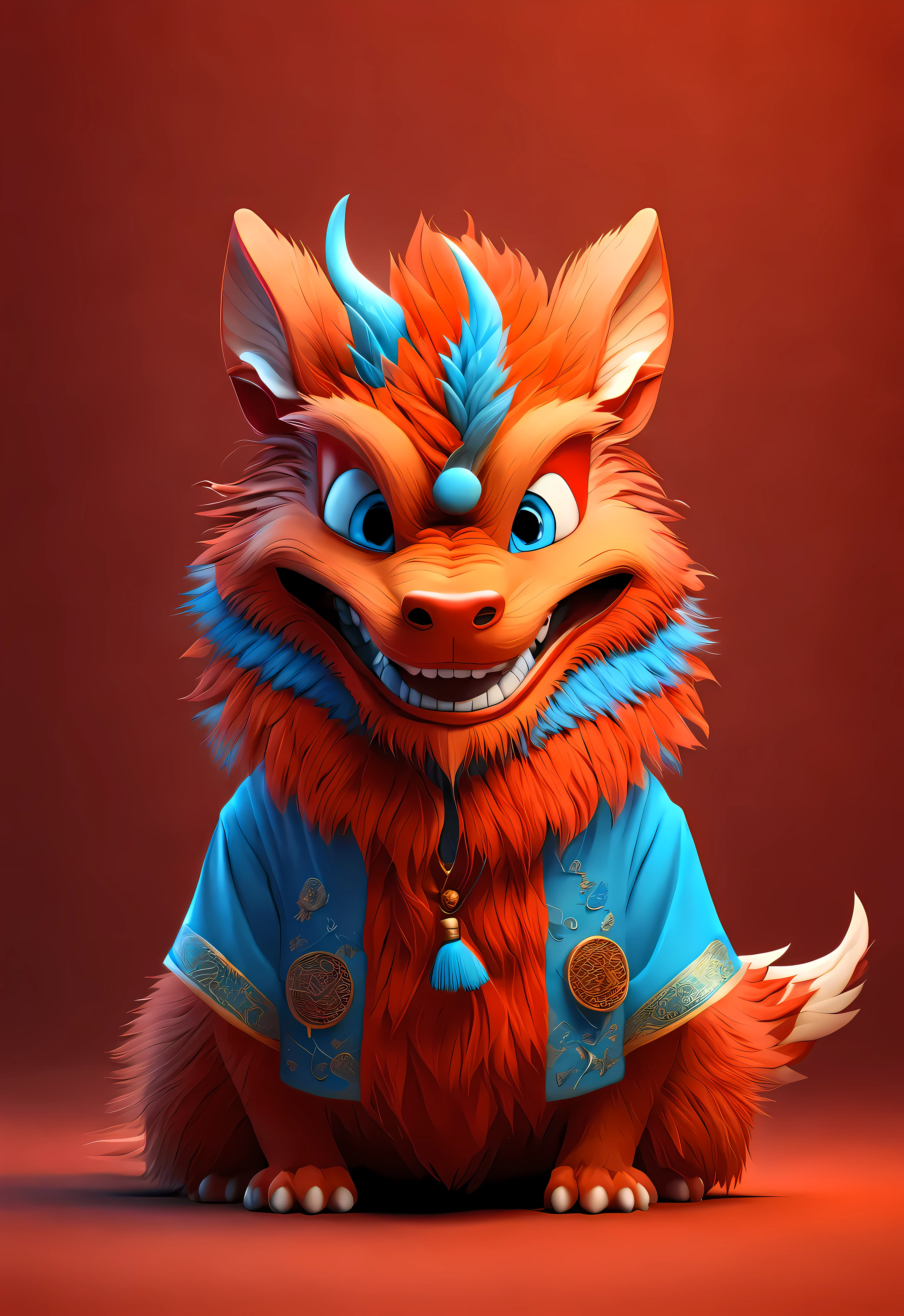 3d rendering, realistic fur, red wallpaper, Simple modern style, beautiful wallpaper,portrait，（Cute anthropomorphic zodiac dragon is smiling mischievously），orange fur, big blue eyes, Narrow your eyes and smile mischievously , (Wearing vermilion Hanfu）， （headphones on head）, ，Slender and well-proportioned, Portrait on the front, (looking at camera), Beijing, 🦑 design, magazine design style,