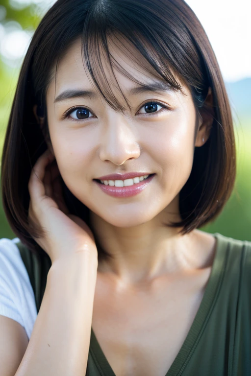 Portrait、In 8K、high quality、realistic photo images、30 years old、japanese woman、Close-up image of a face、neat wife、small breasts、housewife、Reproduces natural and realistic eyes、japanese stand、small breasts、beautiful black hair、long hair、light makeup、octane rendering、beautiful lighting、composition of golden ratio、laughter、everyday wear、casual clothes、natural background、blurred background、4k、High level image quality、realistic photo images、japanese woman、Pure Japanese humanity、beautiful wife、、light makeup、No makeup、pure beauty、mature woman、plain clothes、Brown、grey、green、slight smile、black haired、small black eyes、background bokeh