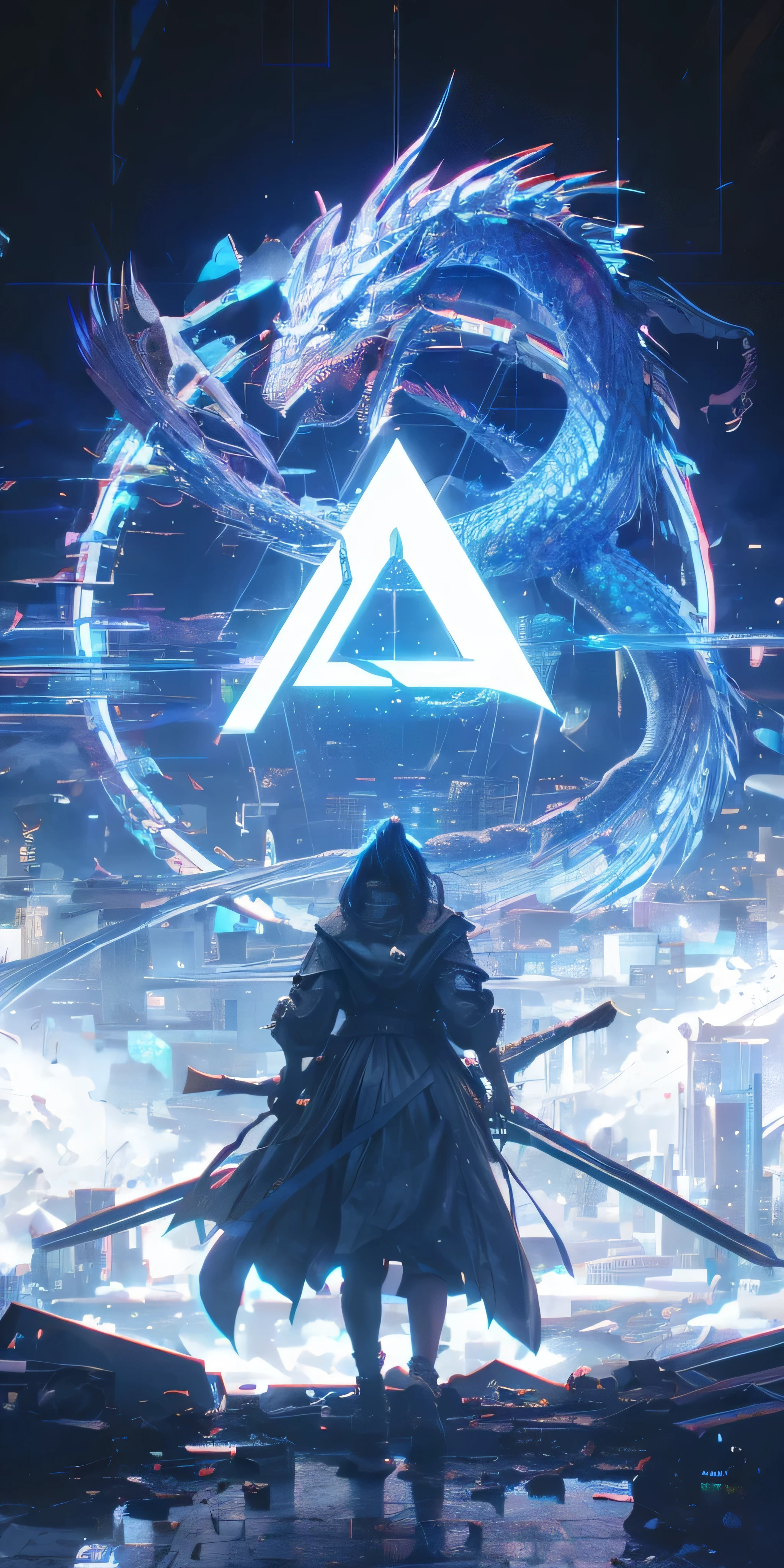 arafed image of a person standing in front of a city with a dragon, concept art wallpaper 4k, advanced digital cyberpunk art, 8k hd wallpaper digital art, 4k detailed digital art, digital artwork 4 k, digital cyberpunk anime art, concept art 4 k, concept art 4k, artgem and beeple masterpiece, 4k highly detailed digital art
