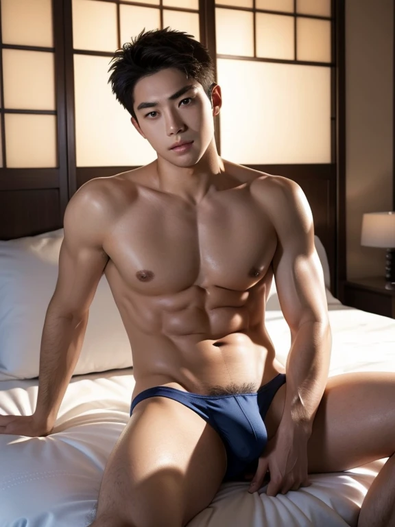 Naked man, Sitting on a bed , only underwear , realistic handsome Japanese face , modest muscles , masterpiece、A high resolution、hyperrealism、detailed face、solo、a men、glowing skin、(Asian)、(young、ager)、Handsome、detailed background、Handsome
