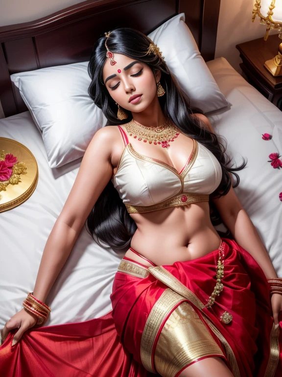 ((32K, ultra HD, RAW Photo, Best Quality, Masterpiece)), ((photos Realistic)), (cinematic lighting) (ultra-detail), shot with Canon EOS R5, ((((50mm len))) f/2.8, HDR, best quality, lifelike, 8k, high resolution, Indian bride girl in traditional red saree,, 1 girl, Miss, (professional lighting), (portrait:0.6), (Lie flat on your back on the bed), Gorgeous, black hair, (1 girl ), eyes closed,lifelike, ,SFW, Calm expression,full-body shot,top view, full body,, open legs, novel, nude, naked, sleeping, juicy pussy, dark blue bedsheet, Indian bridal makeup, flowers and jewelry on bed, wearing jewelry,