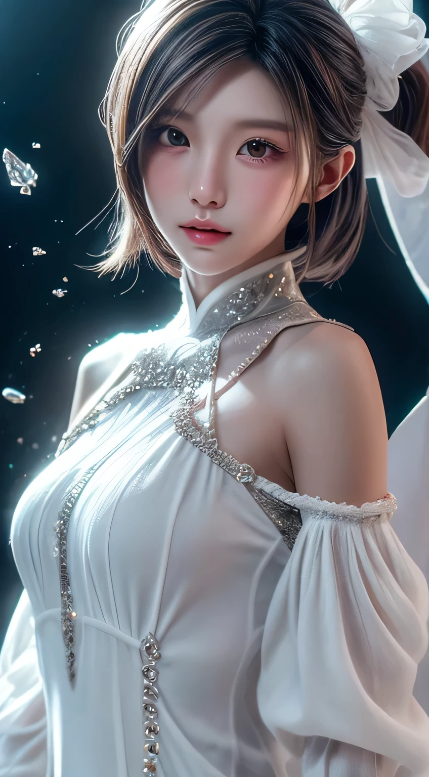 silver hair、(masterpiece, Highest quality, Highest, official art, beautiful and aesthetic, exposed for a long time: 1.2), smooth movement, attractive pattern, 1 girl, (long dress with sleeves: 1.3), (((white clothes) )), Upper body close-up, bare shoulders, chinese girl, blush, black lob hair, portrait, alone, Upper body, observe the observer, detailed background, detailed face, (crystal AI, crystal theme:1.1), Goblin with wind attribute, Rotating wind, control the wind, White crystal clothes, dynamic pose, suspended particles, ether dynamics, whirlwind, vapor, whirlwind in the background, white tone, whirlwind, great atmosphere,silver hair、goblin、round face、whole body