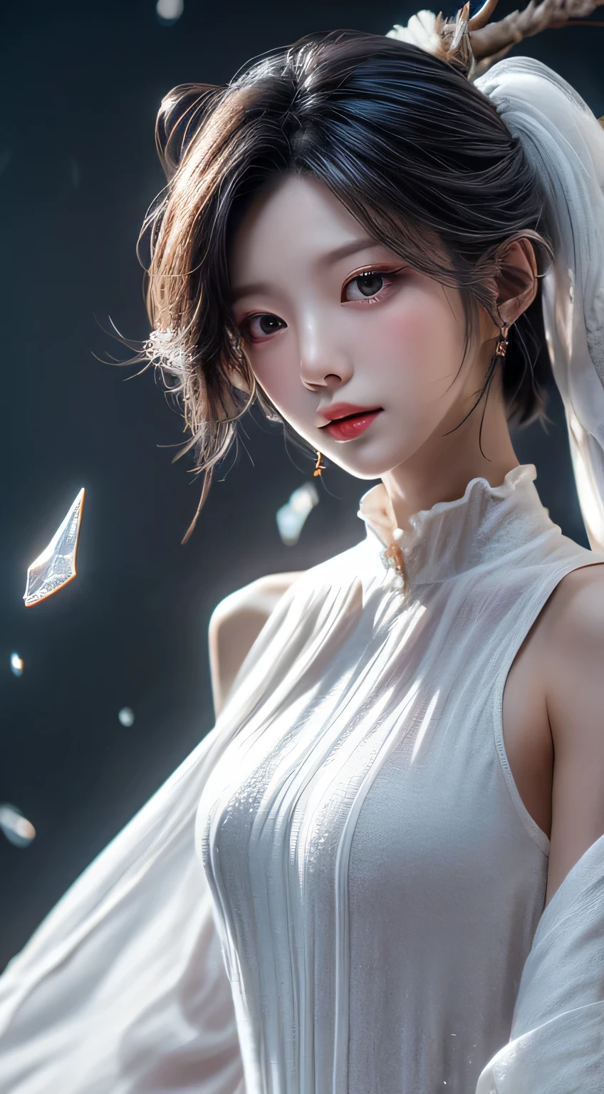 silver hair、(masterpiece, Highest quality, Highest, official art, beautiful and aesthetic, exposed for a long time: 1.2), smooth movement, attractive pattern, 1 girl, (long dress with sleeves: 1.3), (((white clothes) )), Upper body close-up, bare shoulders, chinese girl, blush, black lob hair, portrait, alone, Upper body, observe the observer, detailed background, detailed face, (crystal AI, crystal theme:1.1), Goblin with wind attribute, Rotating wind, control the wind, White crystal clothes, dynamic pose, suspended particles, ether dynamics, whirlwind, vapor, whirlwind in the background, white tone, whirlwind, great atmosphere,silver hair、goblin、round face、whole body