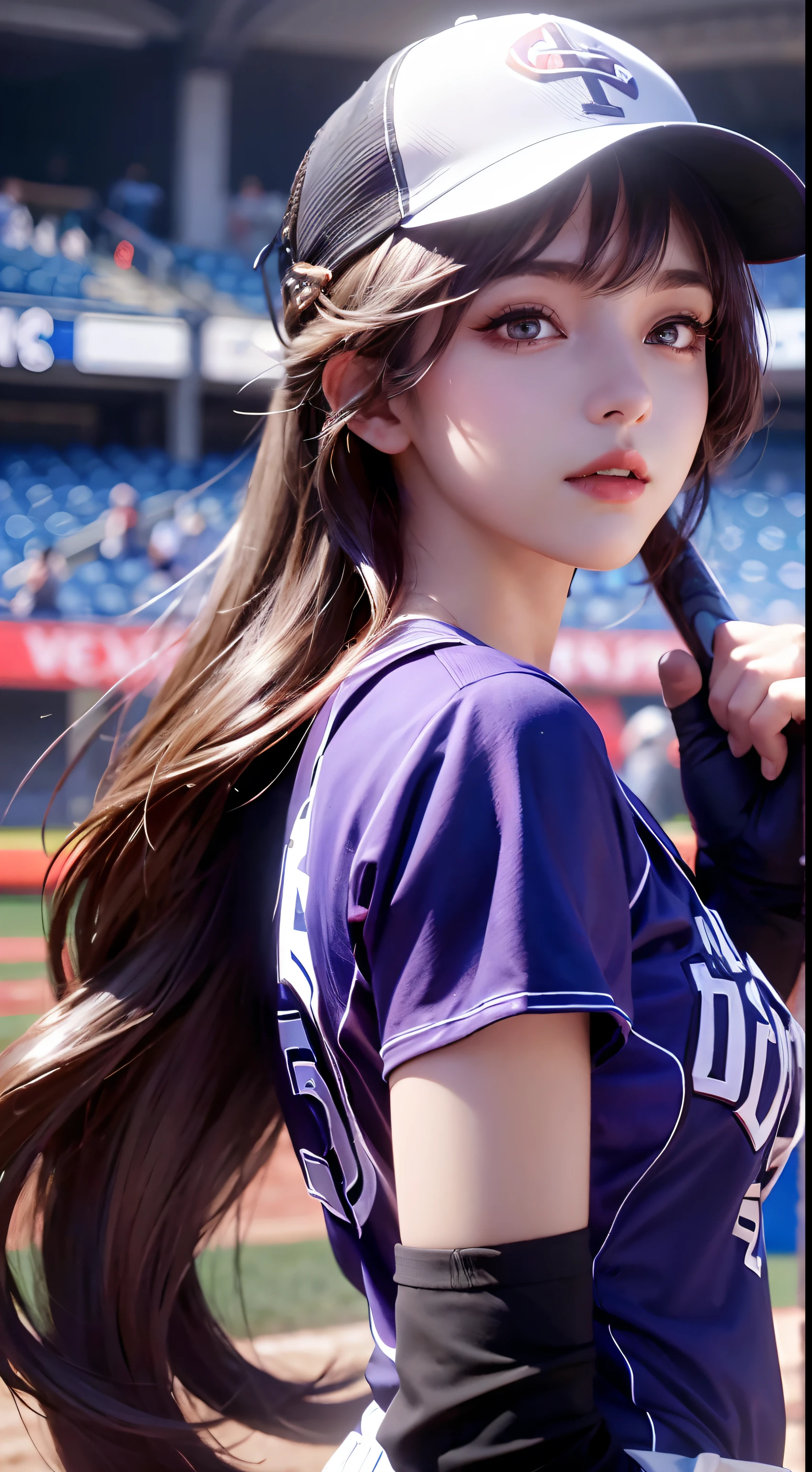 A female baseball player is throwing a ball,hold a baseball bat in one's hand,hitting mechanics,Correct ergonomics(1.5),masterpiece,top quality,super wide shot(1.5)(In reality,In reality:1.4),(RAW photos:1.4),Highly detailed CG Unity 8K wallpaper,very delicate and beautiful,Mann pays attention to details.,official art,beautiful eyes and face(1.5),beautiful and exquisite eyes,The light on the face,one girl,long gray hair,(cheerleading)navel,upper part of the body,Baseball Uniforms,He has a baseball glove on his hand, baseball stadium,