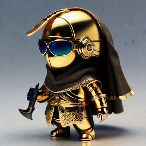 Brilliant Gold Diamond Maya Star((armor))Copper weapons, Burlap Cloak Mummy Hood Platinum Silk Cyberpunk Light Crossbow Space Station 1:60 miniature models, illustration, Side view, (Side view), Wear gold-rimmed reflective sunglasses, Carrying future weapons, very happy, Side view, whole body, 3d, (Jade Sunglasses) octane rendering, perfect appearance, Collagen protein(((Isometric art)))
