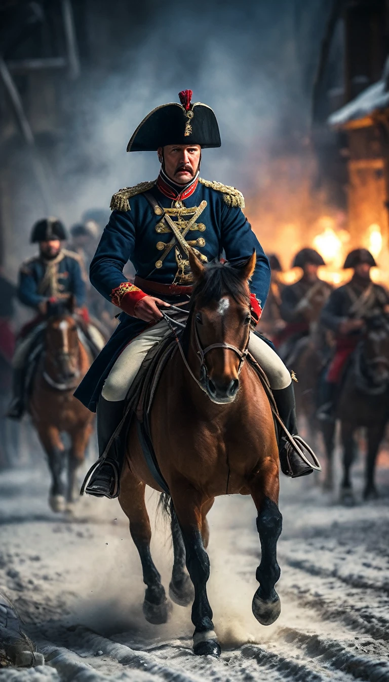 Depict the relentless pursuit of Russian and Cossack troops, attacking Napoleon's vulnerable forces from all sides, background dark, hyper realistic, ultra detailed hyper realistic, photorealistic, Studio Lighting, reflections, dynamic pose, Cinematic, Color Grading, Photography, Shot on 50mm lens, Ultra-Wide Angle, Depth of Field, hyper-detailed, beautifully color, 8k