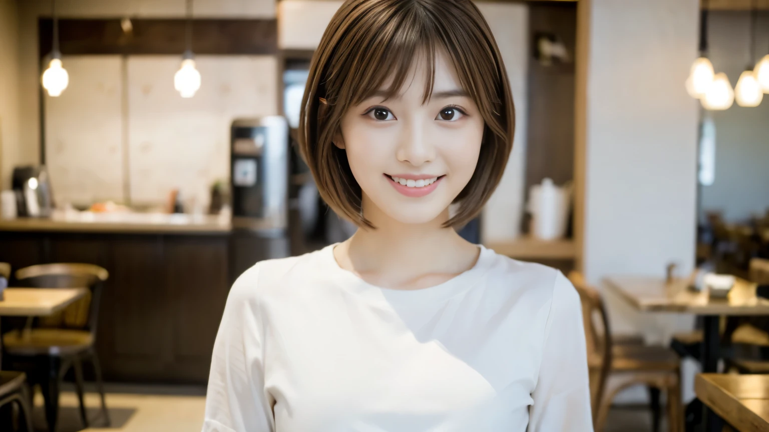 young japanese woman, 30 generations, white background, Background of a stylish cafe interior, white brown hair, thin, 4k, 8K, high quality, beauty, smile, beautiful eyes, It is characterized by its simplicity, High resolution,1 person,Clean clothes