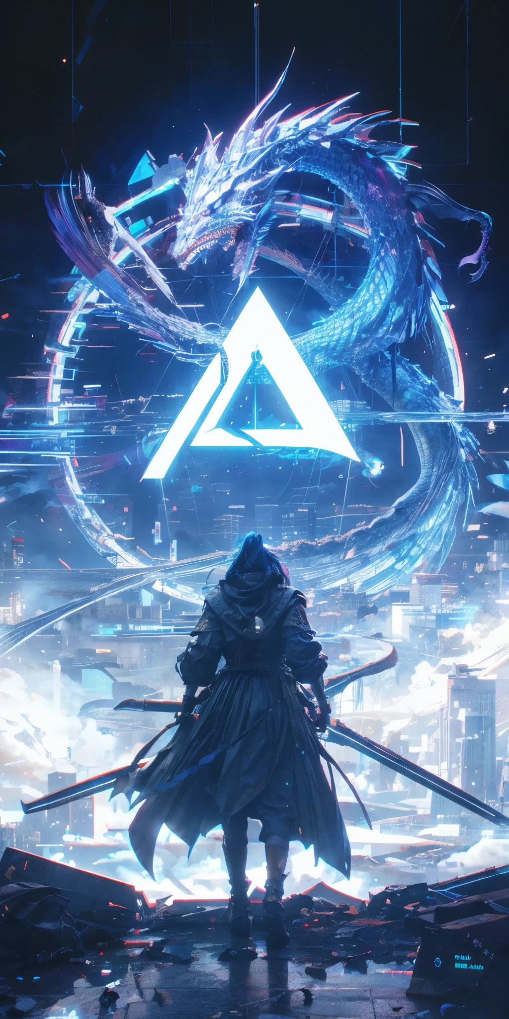 arafed image of a person standing in front of a city with a dragon, concept art wallpaper 4k, advanced digital cyberpunk art, 8k hd wallpaper digital art, 4k detailed digital art, digital artwork 4 k, digital cyberpunk anime art, concept art 4 k, concept art 4k, artgem and beeple masterpiece, 4k highly detailed digital art