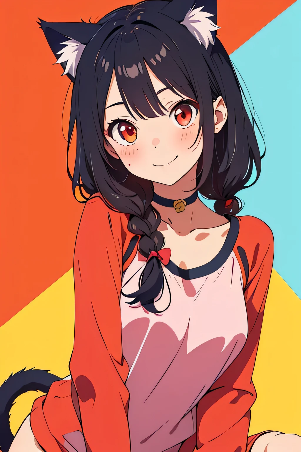 (Best Quality,masutepiece:1.2),(Anime style,Comic Core:1.1),1girl in,cute-style,Adorable,extremely detailed eye,extra detailed face,very detail hair,full nudity,8K,resolution,cat girl,cat ears,red eyes,black hair, smiling, blush