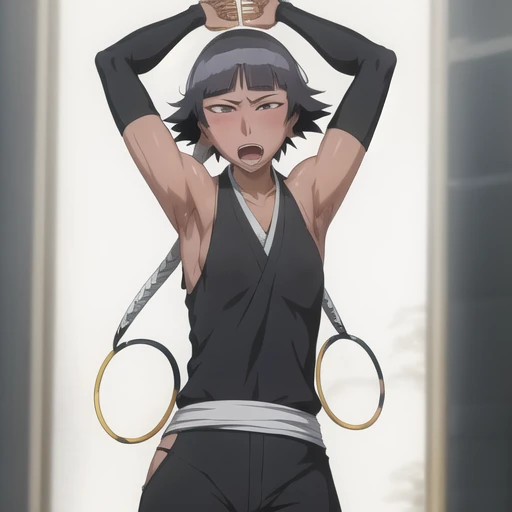 ( Animation screenshots:1.1),outdoor,
1 girl, alone, black hair, side breasts,eternal, short hair with long locks, japanese clothing, - Hip vents, no underwear,short hair, small breasts, (white eyes:1.1),No eyeballs, Also available in black, No headwear,low double braids,Face the audience, looking at the audience, tired, from below, (Show armpits:1.3), Sexy, Sweat dripping, More and more sweat,(ahegao), (Roll your eyes), naughty face, blush, open mouth, Sticking out tongue, saliva, sloppy person,Runny nose,skinny, raise arms, (arms above head:1.5)