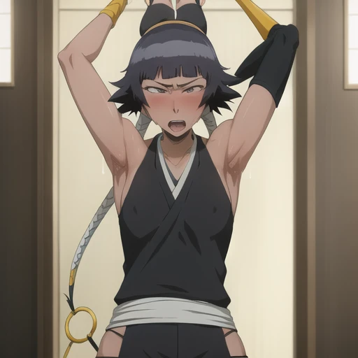 ( Animation screenshots:1.1),outdoor,
1 girl, alone, black hair, side breasts,eternal, short hair with long locks, japanese clothing, - Hip vents, no underwear,short hair, small breasts, (white eyes:1.1),No eyeballs, Also available in black, No headwear,low double braids,Face the audience, looking at the audience, tired, from below, (Show armpits:1.3), Sexy, Sweat dripping, More and more sweat,(ahegao), (Roll your eyes), naughty face, blush, open mouth, Sticking out tongue, saliva, sloppy person,Runny nose,skinny, raise arms, (arms above head:1.5)