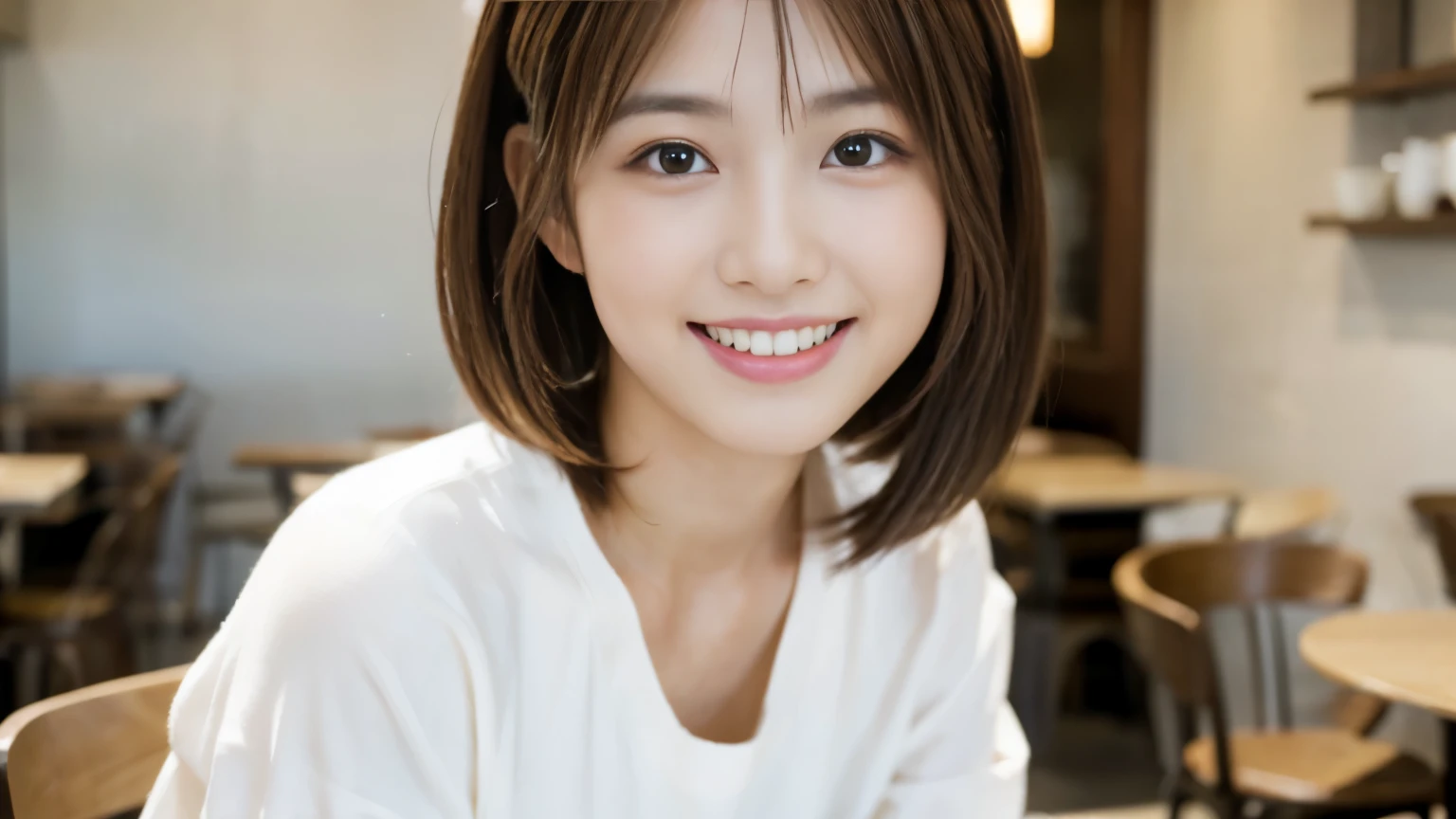 young japanese woman, 30 generations, white background, Background of a stylish cafe interior, white brown hair, thin, 4k, 8K, high quality, beauty, smile, beautiful eyes, It is characterized by its simplicity, High resolution,1 person,Clean clothes