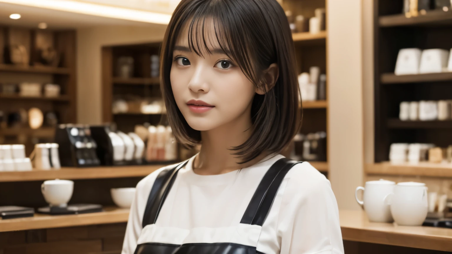 (((Cafe:1.3, Inside the store, Photographed from the front))), ((beauty salon model:1.3,Black and white bicolor dress, japanese woman, cute)), (clean, natural makeup), (highest quality, masterpiece:1.3, 超High resolution), (Super detailed, caustics), (realistic:1.4, RAW shooting), very detailed, High resolution, 16K resolution,neat clothes,CafeInside the storeで撮影