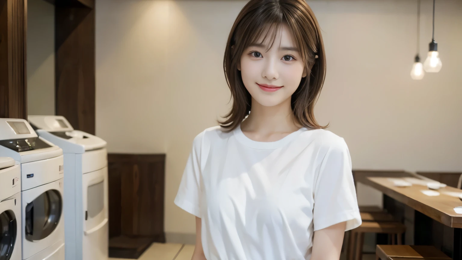 young japanese woman, 30 generations, white background, Background of a stylish cafe interior, white brown hair, thin, 4k, 8K, high quality, beauty, smile, beautiful eyes, It is characterized by its simplicity, High resolution,1 person,Clean clothes