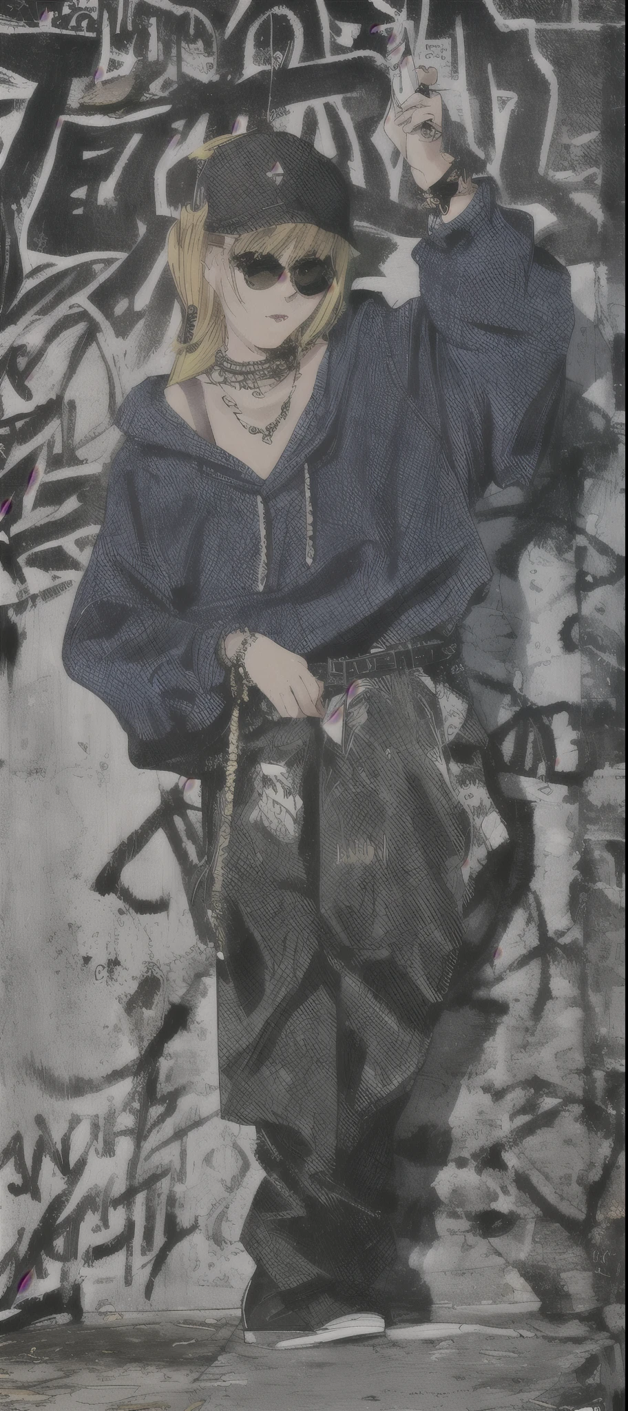 90s style tall thug gangsta, swagger arrogant haughty female, , saggy creased baggy stylish hip hop hoodie intimidating eyes, glossy lips, sunglasses detailed facial features, dark contrast graffitied urban background, long chain necklace, multiple gold bracelets, tattoos, street swagger, confident pose, dark shadows, high contrast, urban fashion style, realistic street art, bold brush strokes, dynamic composition, highres, masterpiece:1.2, ultra-detailed, , HDR, studio lighting