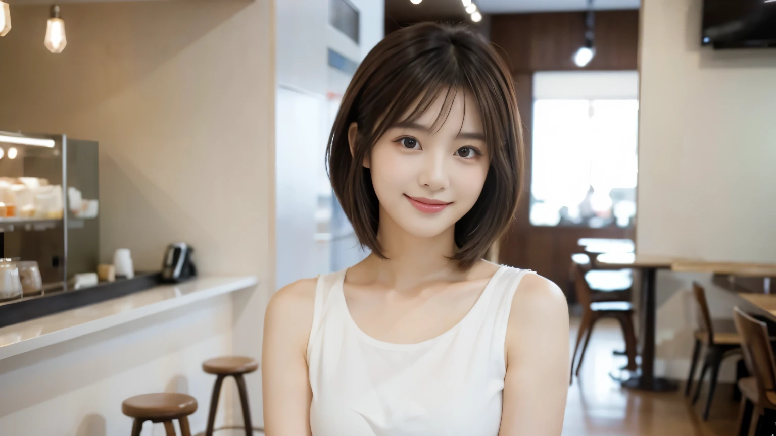 young japanese woman, 30 generations, white background, Background of a stylish cafe interior, white brown hair, thin, 4k, 8K, high quality, beauty, smile, beautiful eyes, It is characterized by its simplicity, High resolution,1 person,Clean clothes