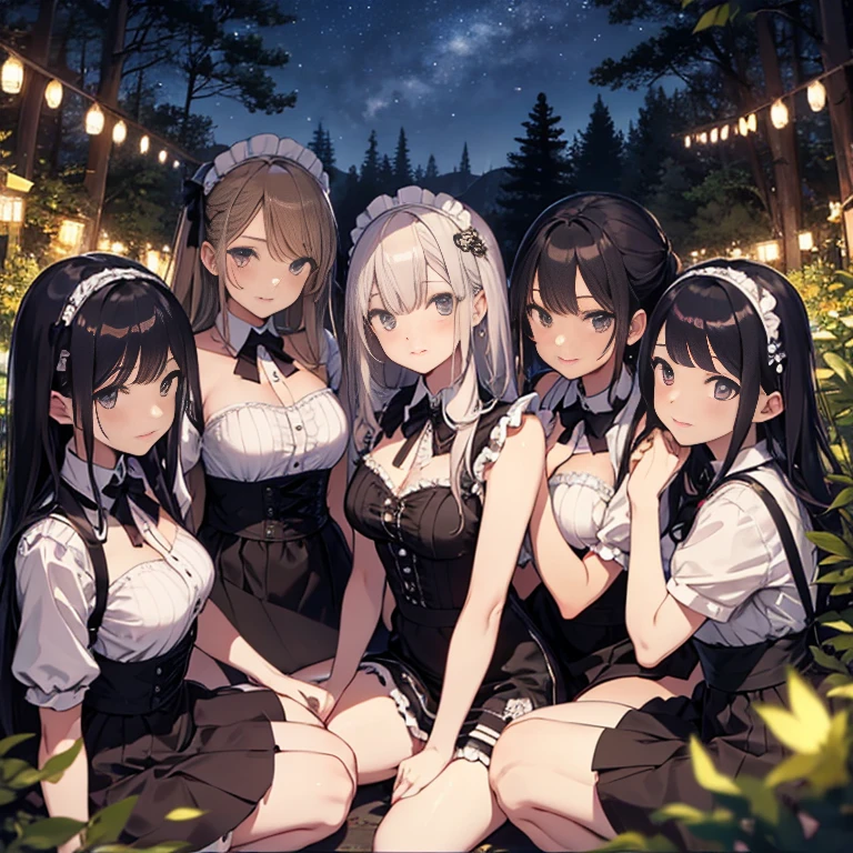 A group of maids, (in forest), various hair styles, harem, wearing maid uniform, night, details face, , short skirt, seducing, sleeveless , night, starry night 