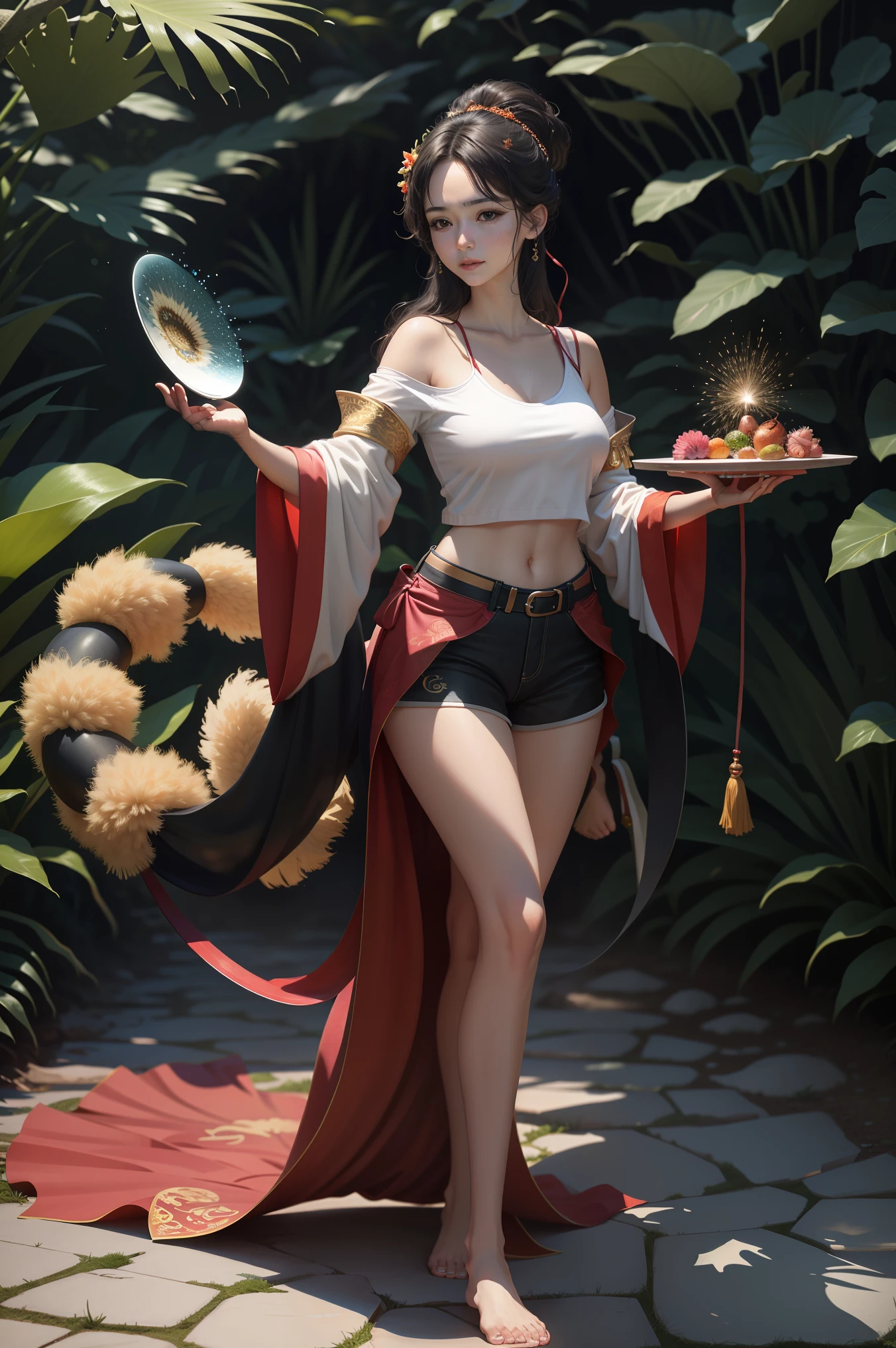 Girl in the jungle,(Raised sexy,Wear black shorts and a white t-shirt), Cute face, (Red),Detailed facial portrayal,(Photo of Steve Hanks),aquarelle,Splash ink,(Masterpiece),(Best picture quality),(light and shadow effect),(Ray traching),(8k wallpaper),Full body appearance,Ultra-clear,Ultra photo realsisim,Photography Award,photorealestic