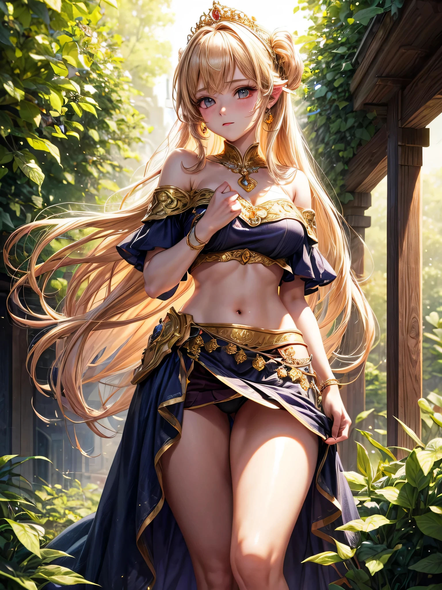 HDR , masterpiece , high quality , ultra details , best quality , standing , princess , long hair , golden hair , nice breast , off shoulder crop top , skirt , soft light , blush