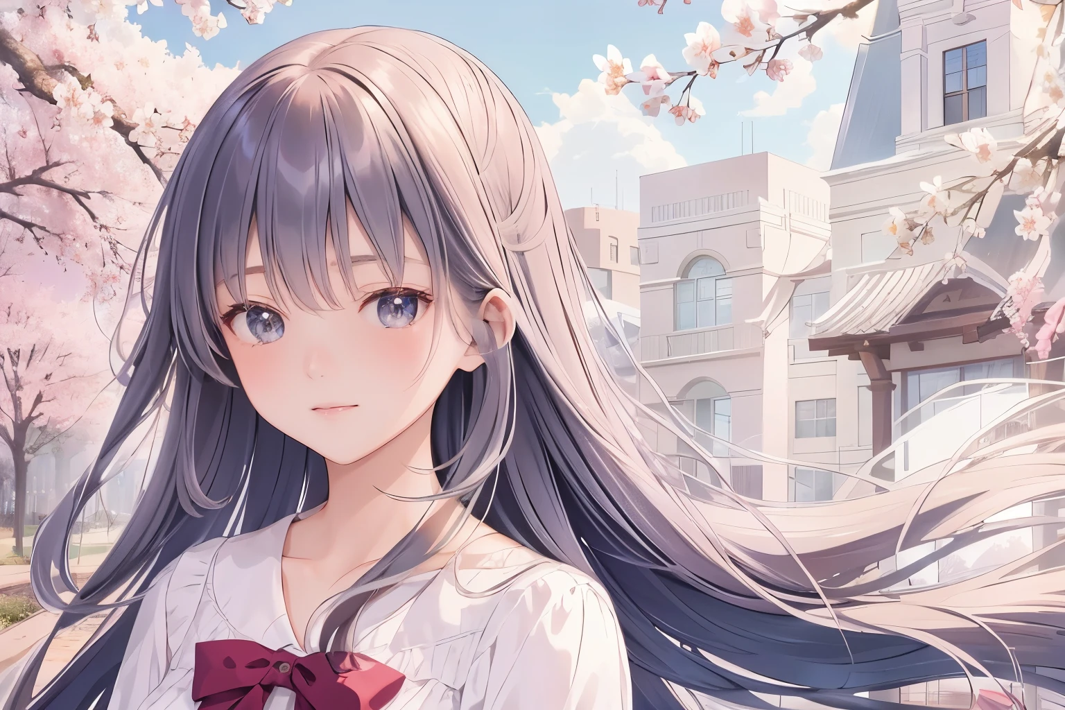 Create exquisite illustrations reminiscent of Makoto Shinkai's style, It has ultra-fine details and top-notch quality. Generate a high-quality illustration depicting a scene of spring where cherry blossoms are being scattered by the wind, with a beautiful girl present whose hair is being tousled by the breeze. Ensure that the overall composition exudes a sense of nostalgia and fantasy, with intricate details capturing the ethereal beauty of the cherry blossoms in bloom. Pay attention to elements such as the delicate petals dancing in the wind, the soft sunlight filtering through the branches, and the serene expression on the girl's face as she experiences the fleeting beauty of the cherry blossom season while her hair flows with the breeze. Aim for a finely crafted artwork that transports viewers to a nostalgic and whimsical springtime scene. best quality, masterpiece