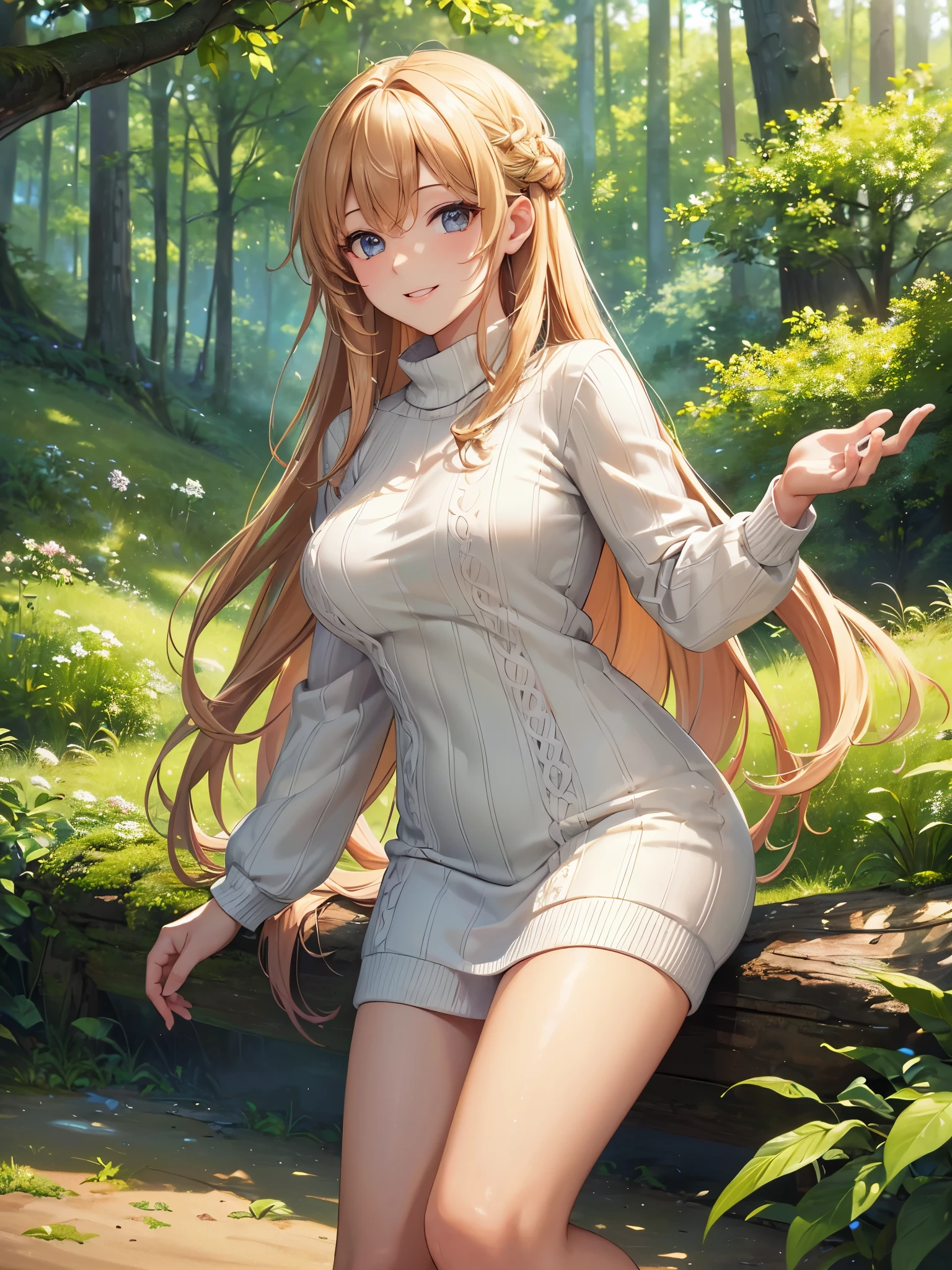 ((highest quality)),(ultra high resolution),(Super detailed),(detailed description),((best CG)),(best work of art),super precision art,amazing drawing art,(Art with precise details:1.5), Smiling woman wearing a summer sweater、forest bathing