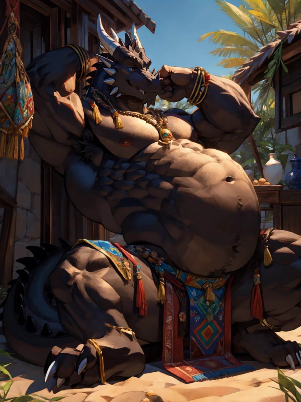 red and black dragon body、Dragon in ethnic clothing、A drinking dragon、very large red and black dragon、abnormally large muscles throughout the body、Huge Abs、Abnormally developed muscles in the limbs、Scales all over the body like a crocodile、hand rubbing belly、Shiny black belly、Big anime-style eyes、very unhappy look、Overflowing armpit hair、Pointy pubic hair、sharp fangs、Composition looking down from diagonally behind、thick tail、ethnic dwelling background、lying pose、National Costume、Ethnic loincloth