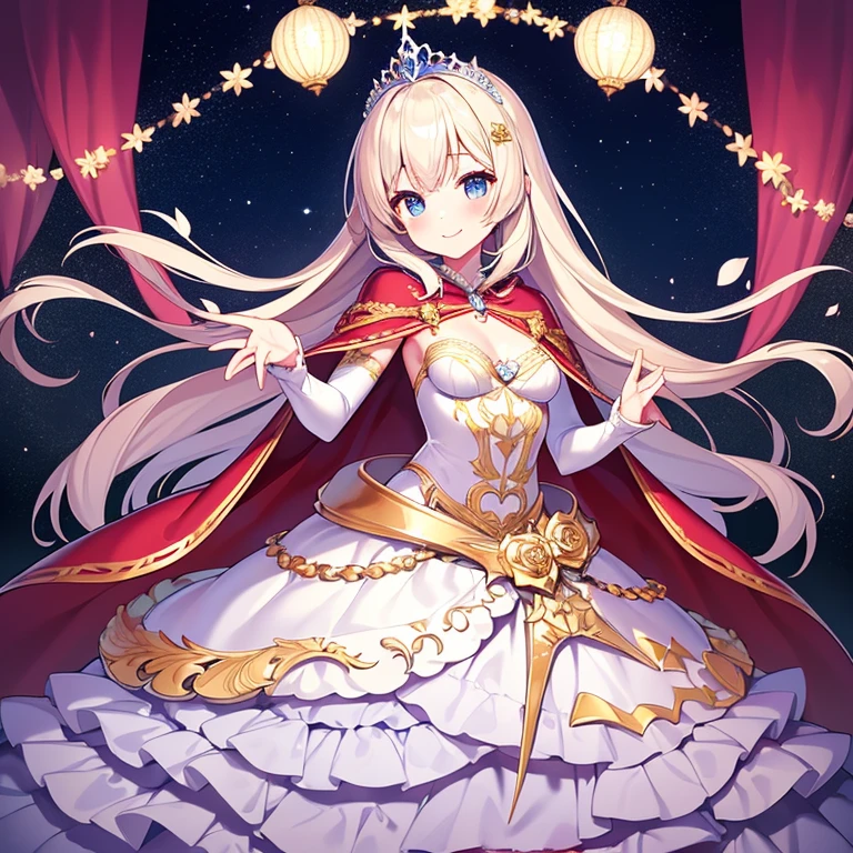 (kawaii),(best quality),(ultra detailed),(rococo style),(long train pastel pink cape:1.15), very long cape,(long train white ball gown with flower decorations:1.1), a girl is wearing a cape over her gown,(she has a western style fan:1.05), 1 little princess, tiara, smile, very long hair, small breasts, beautiful detailed eyes, beautiful detailed lips