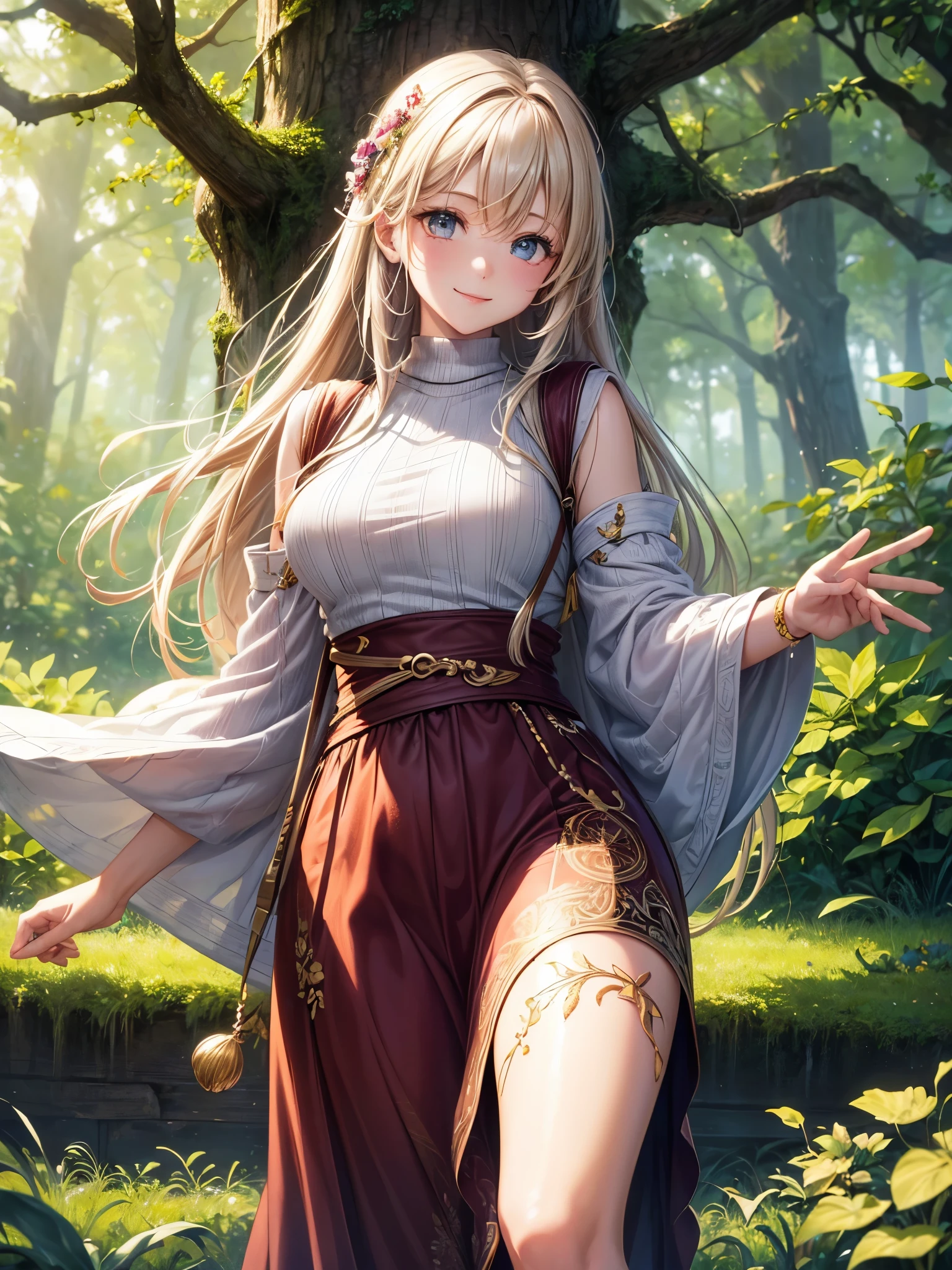 ((highest quality)),(ultra high resolution),(Super detailed),(detailed description),((best CG)),(best work of art),super precision art,amazing drawing art,(Art with precise details:1.5), Smiling woman wearing a summer sweater、forest bathing