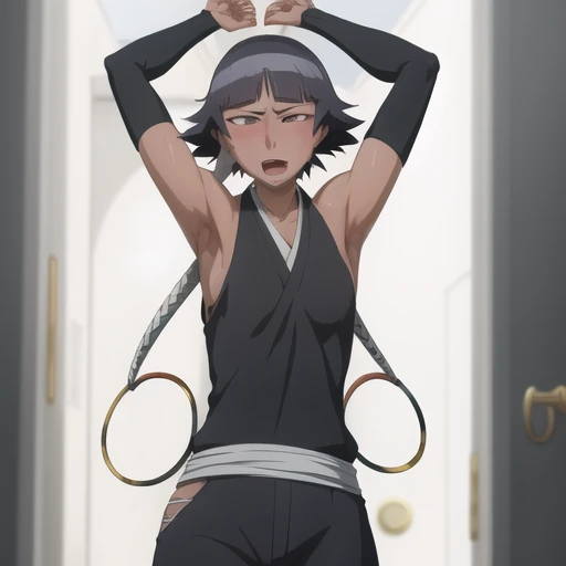 ( Animation screenshots:1.1),outdoor,
1 girl, alone, black hair, side breasts,eternal, short hair with long locks, japanese clothing, - Hip vents, no underwear,short hair, small breasts, (white eyes:1.1),No eyeballs, Also available in black, No headwear,low double braids,Face the audience, looking at the audience, tired, from below, (Show armpits:1.3), Sexy, Sweat dripping, More and more sweat,(ahegao), (Roll your eyes), naughty face, blush, open mouth, Sticking out tongue, saliva, sloppy person,Runny nose,skinny, raise arms, (arms above head:1.5)