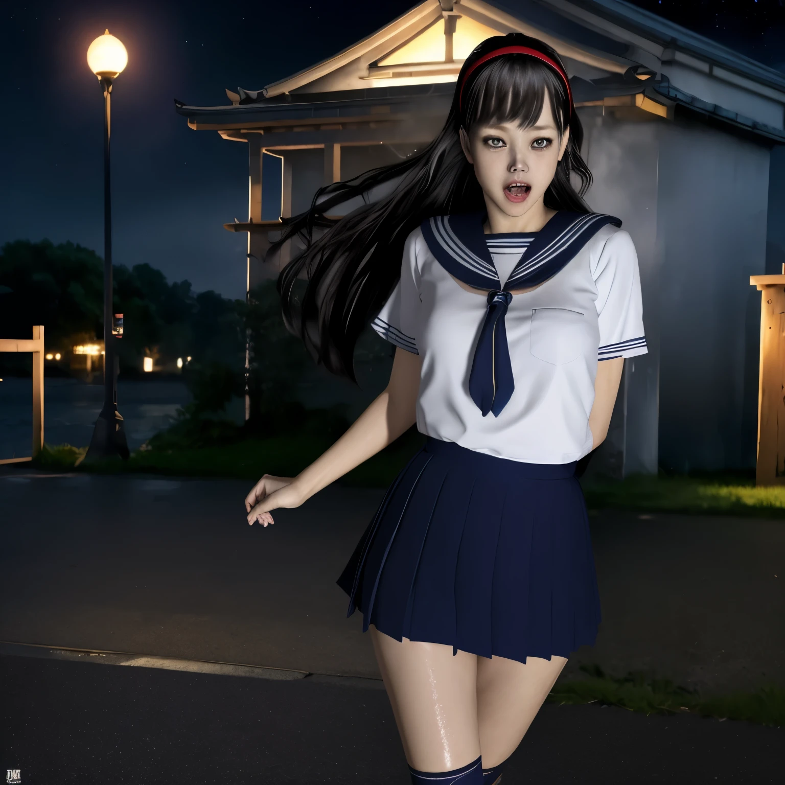 (8K, highest quality, masterpiece:1.2), (realistic, photo-realistic:1.37), Super detailed,highest quality, ultra high resolution, professional lighting, photon mapping, radio city, Physically based rendering, cinematic lighting, midnight road,Depth of written boundary, sharp focus, light, good composition,(beautiful thighs) 1 girl,alone,(whole body), ((high school girl sailor suit、navy knee socks)),fine and beautiful eyes, temporarily stop, tight waist,Japanese high school girl, black hair,messy hair,long hair fluttering in the wind,(Ulzzang-6500:1.2) mix 4,