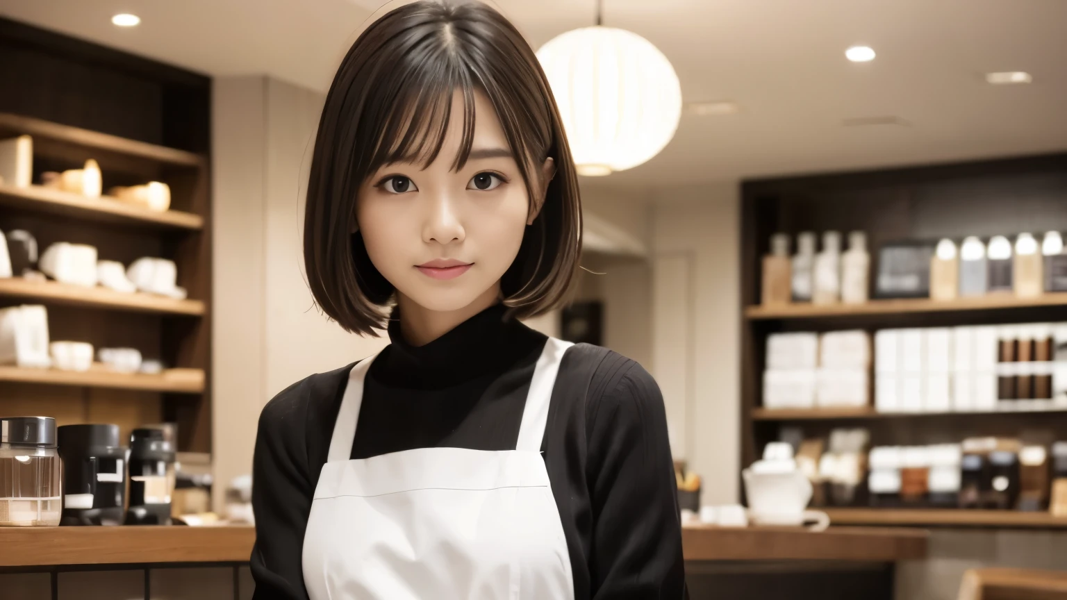 (((Cafe:1.3, Inside the store, Photographed from the front))), ((beauty salon model:1.3,Black and white bicolor dress, japanese woman, cute)), (clean, natural makeup), (highest quality, masterpiece:1.3, 超High resolution), (Super detailed, caustics), (realistic:1.4, RAW shooting), very detailed, High resolution, 16K resolution,neat clothes,CafeInside the storeで撮影